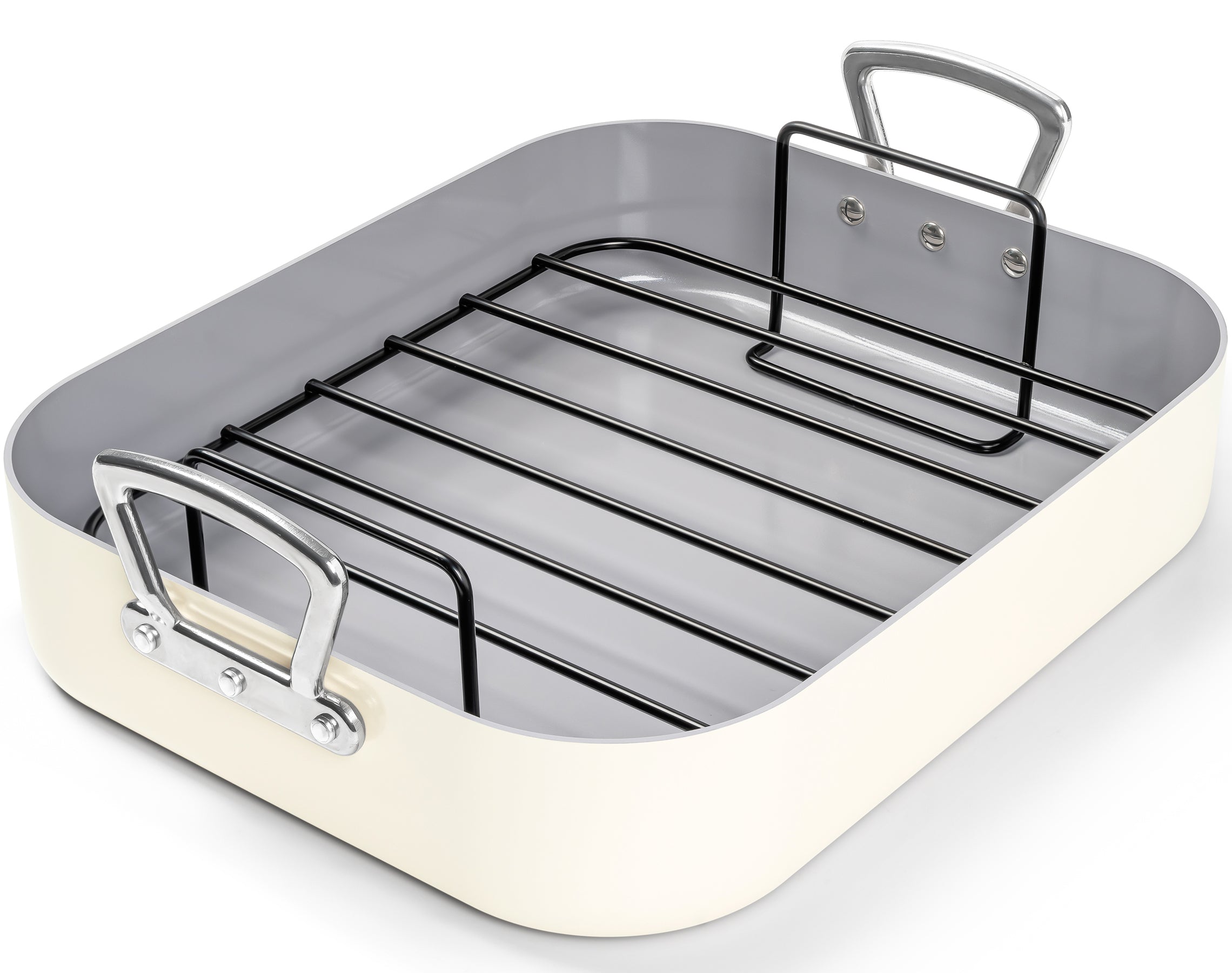 MICHELANGELO Nonstick Ceramic Roasting Pan with Rack，15 Inch x 13 Inch - Beige