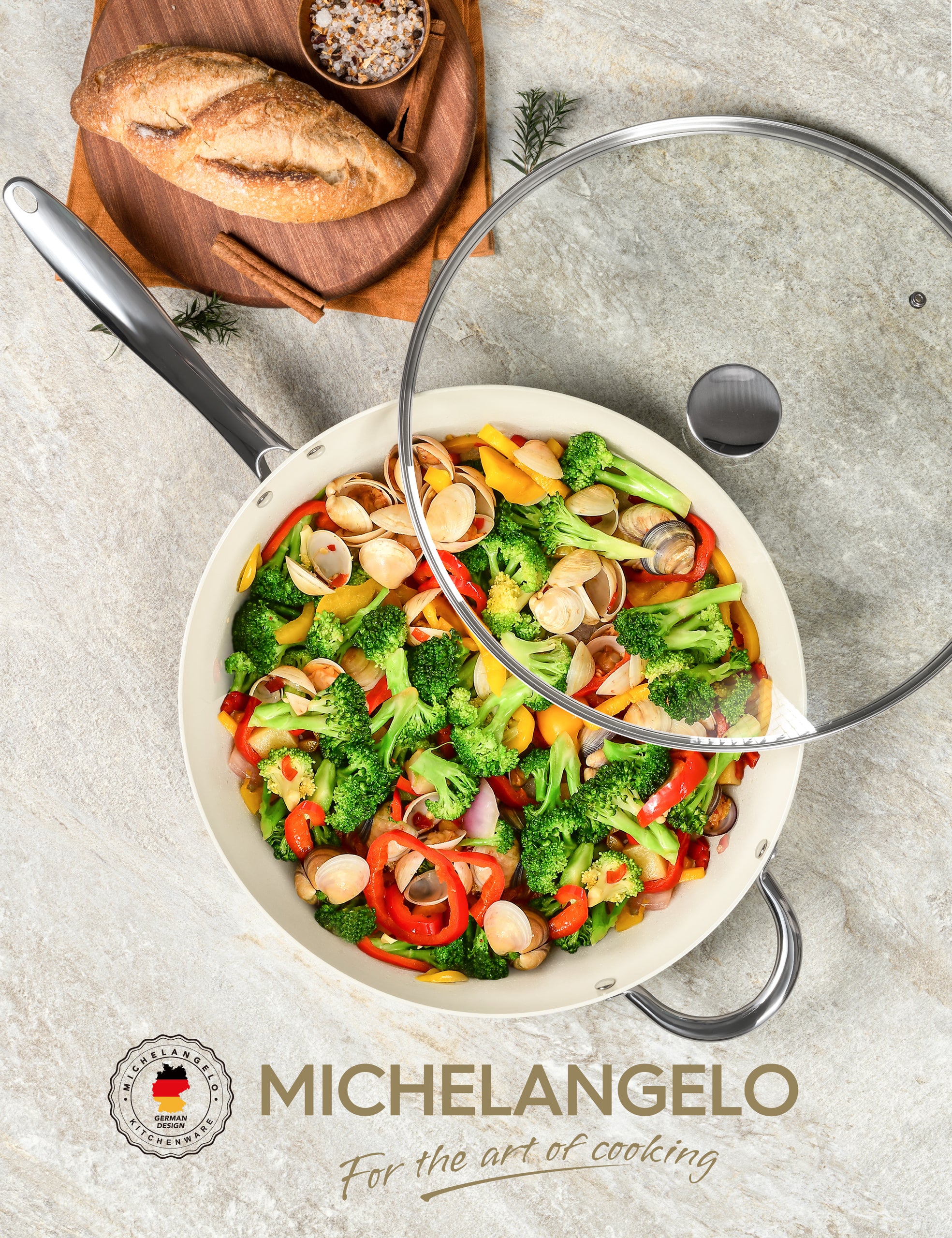 MICHELANGELO Non Stick Frying Pan with Lid, 14inch Non Toxic Ceramic Skillet, White