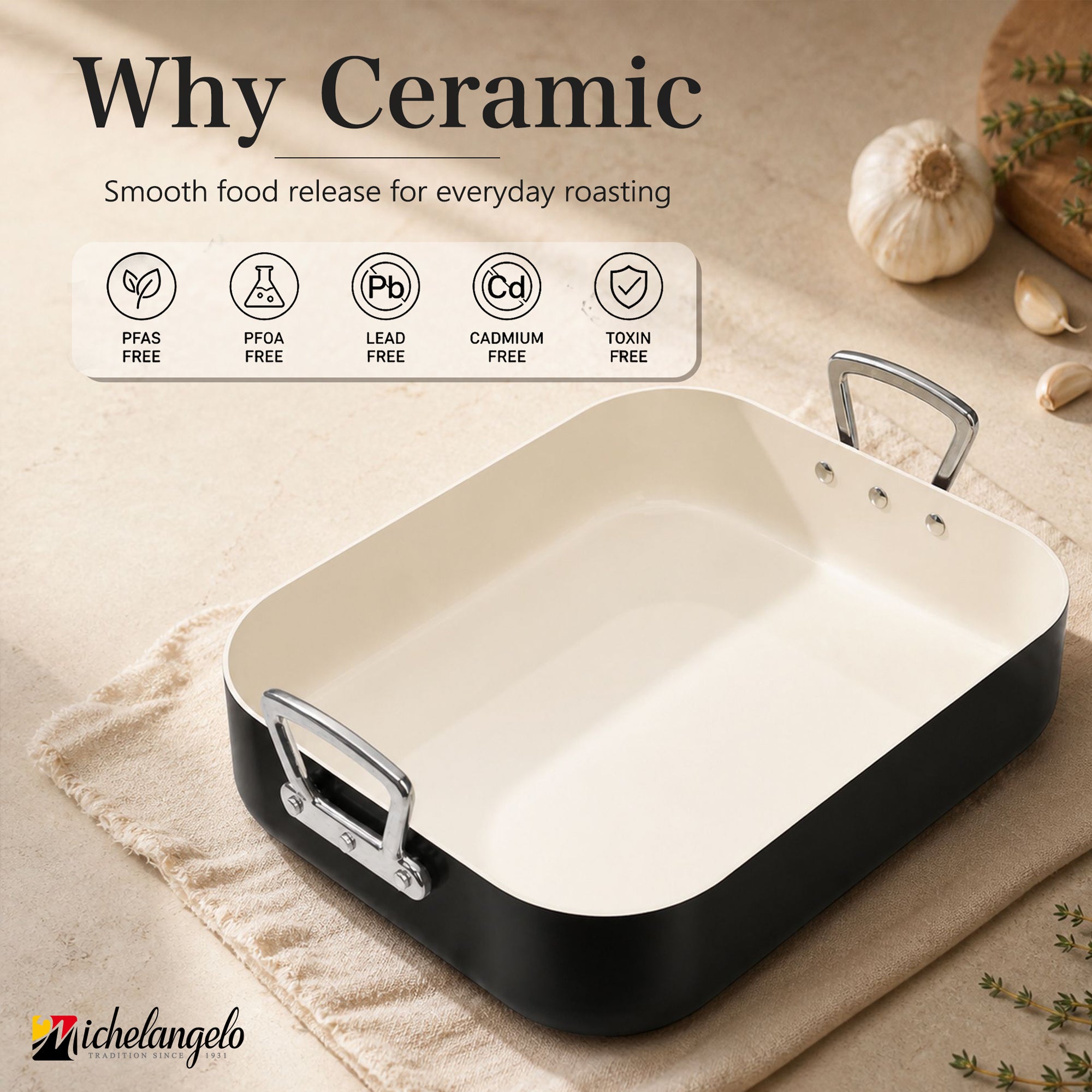 MICHELANGELO Ceramic Roasting Pan with Rack, 15 x 13 Inch, Black