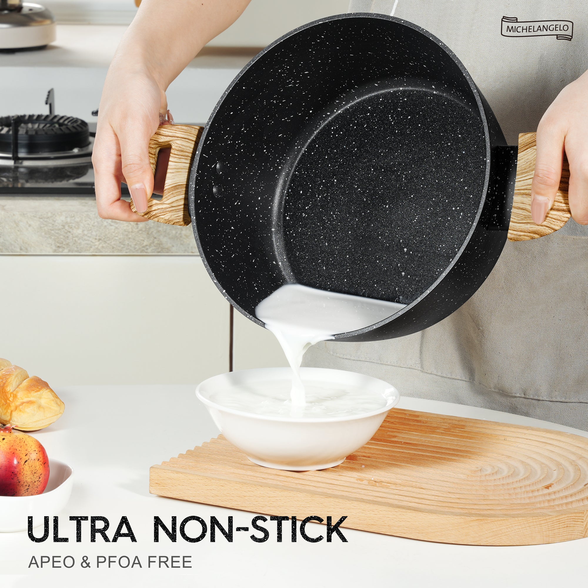 MICHELANGELO Stock Pot with Lid, 4.3 Quart Cooking Pot , Granite Nonstick Pot