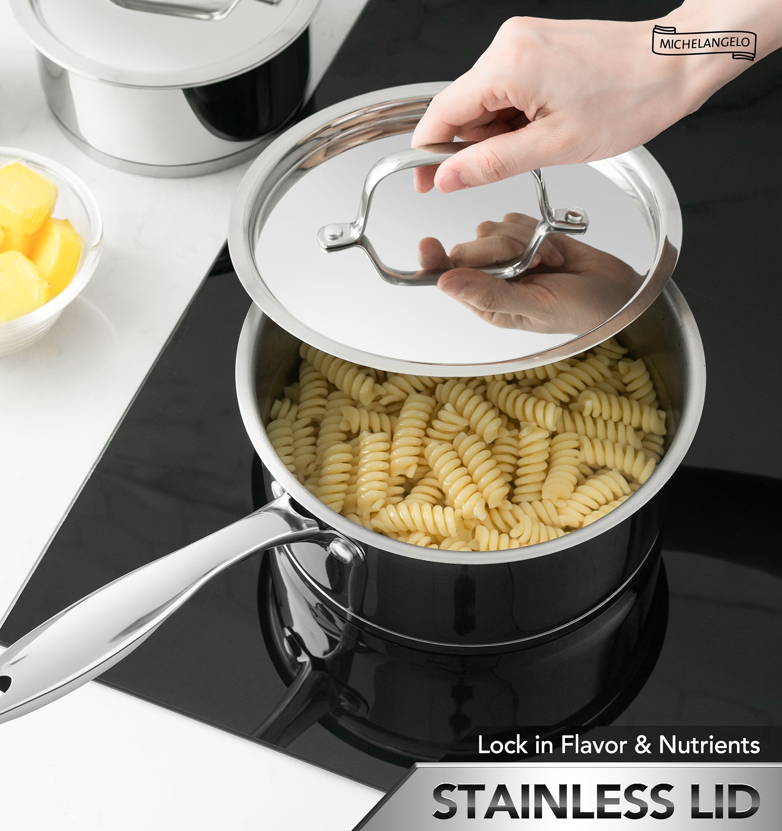 MICHELANGELO Stainless Steel Saucepan Set with Stainless Lids, 1QT & 2QT