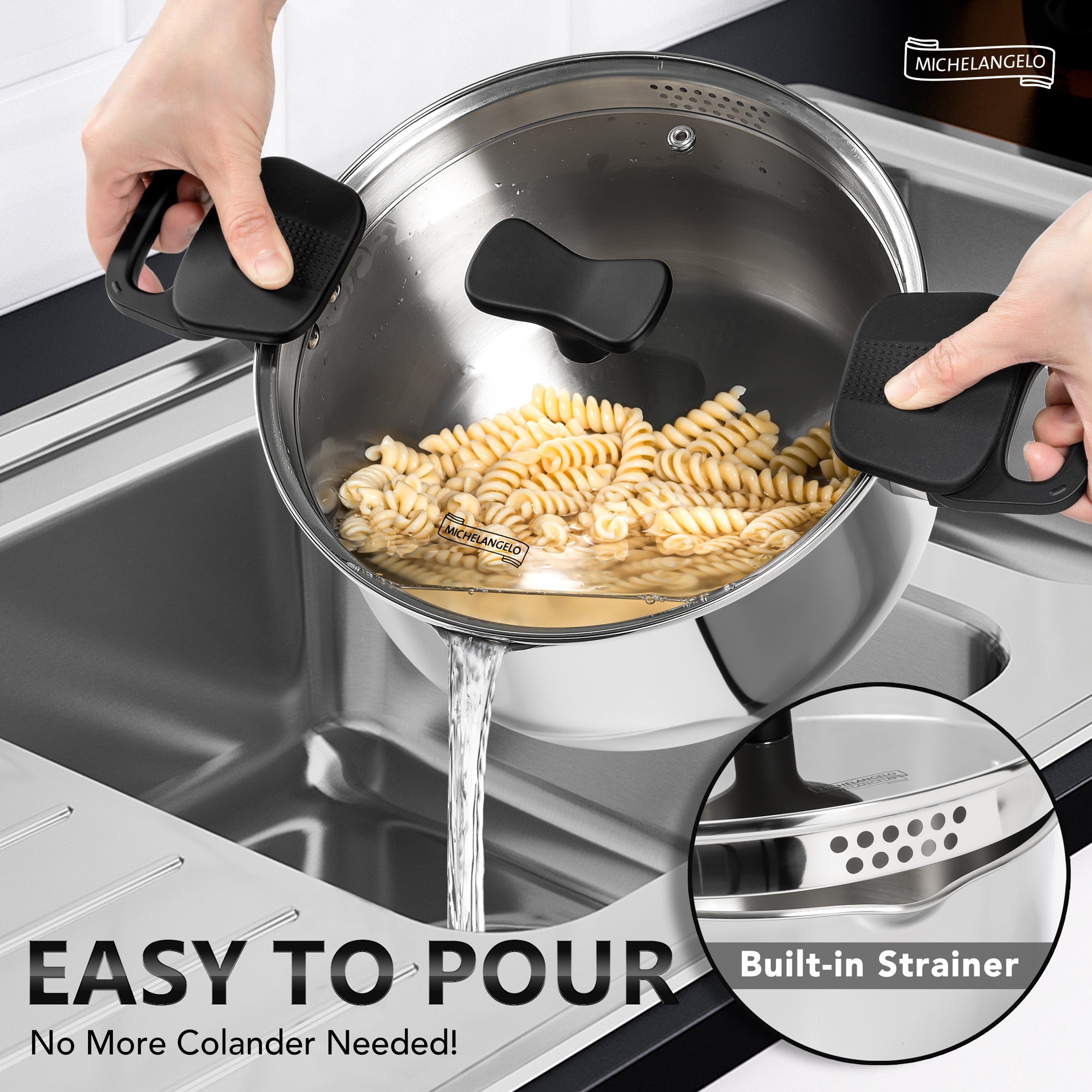 MICHELANGELO Stainless Steel Pasta Pot with Strainer Lid 6 Qt Spaghetti Pot