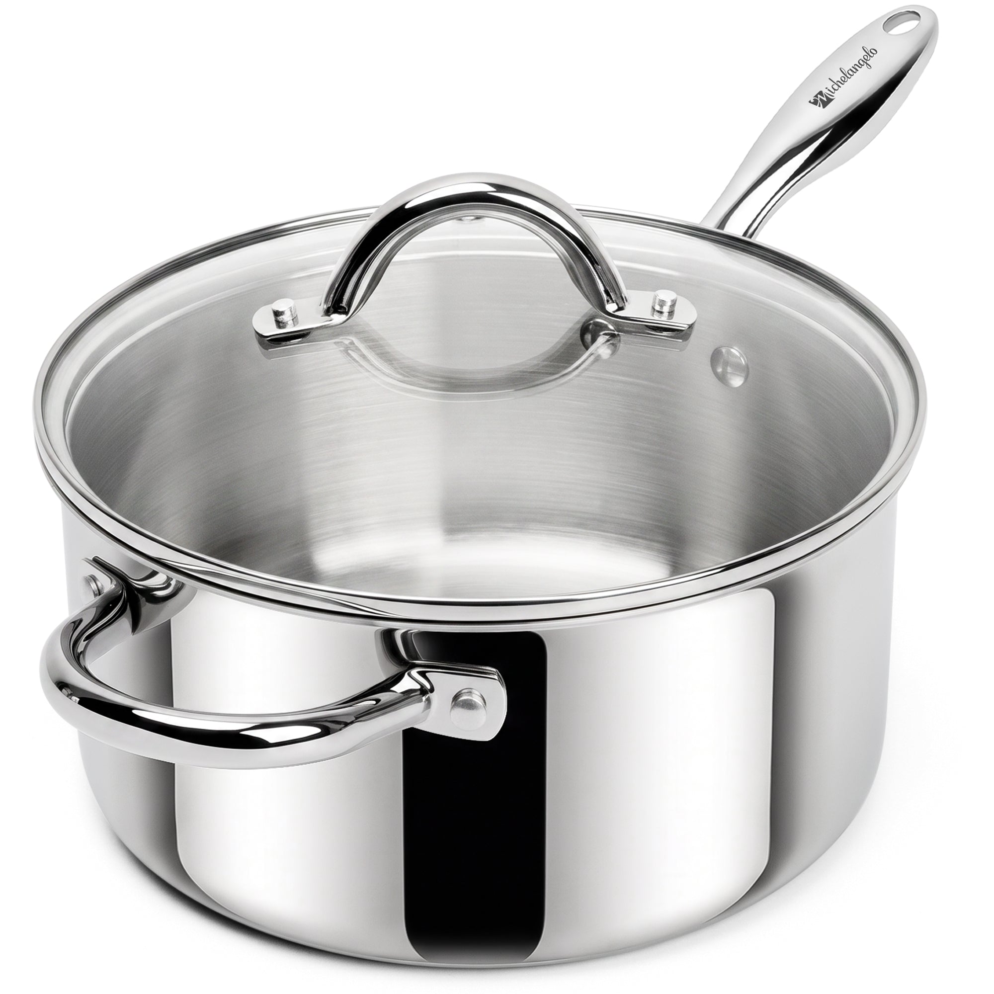 MICHELANGELO 4QT Tri-Ply Stainless Steel Saucepan with Lid, Helper Handle