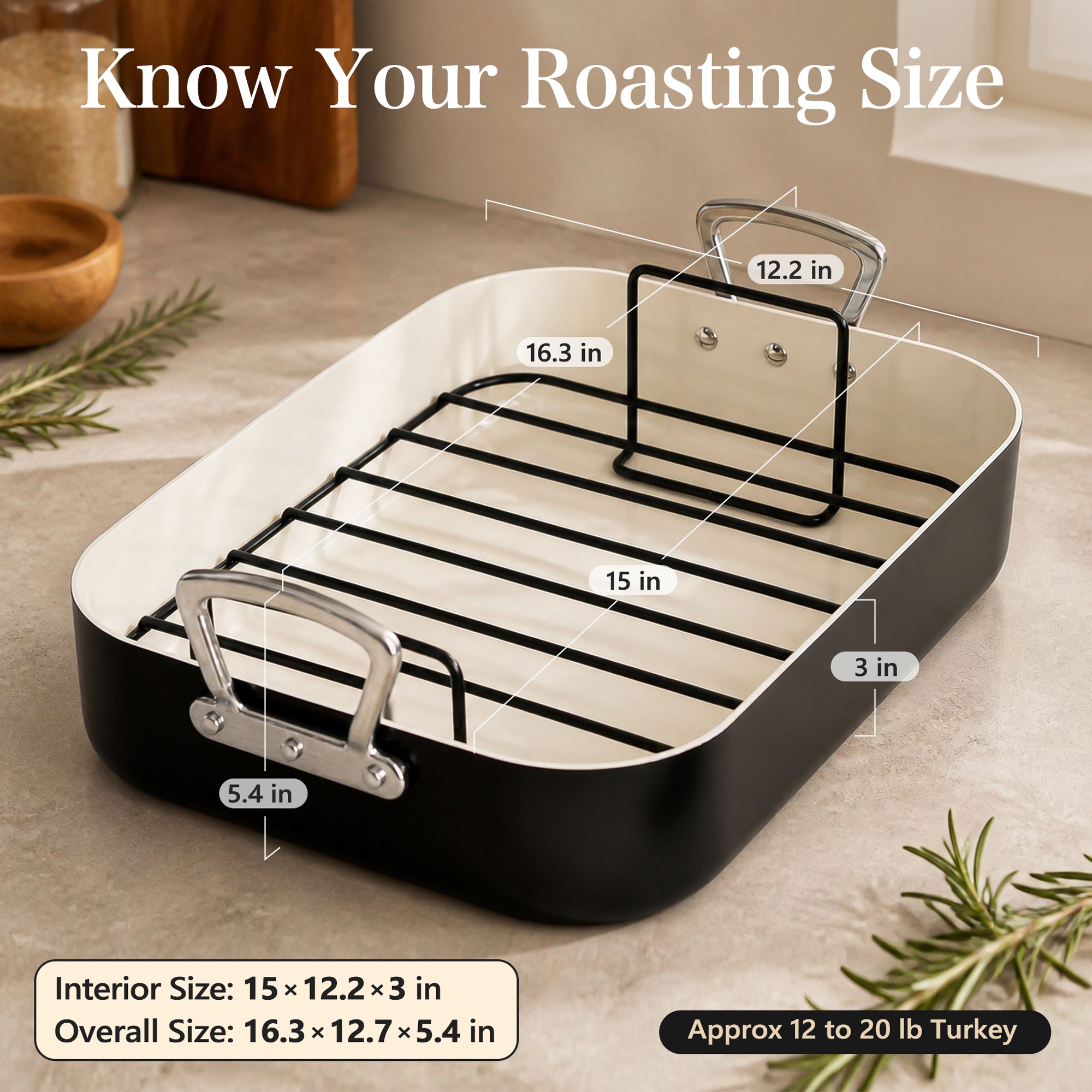 MICHELANGELO Ceramic Roasting Pan with Rack, 15 x 13 Inch, Black