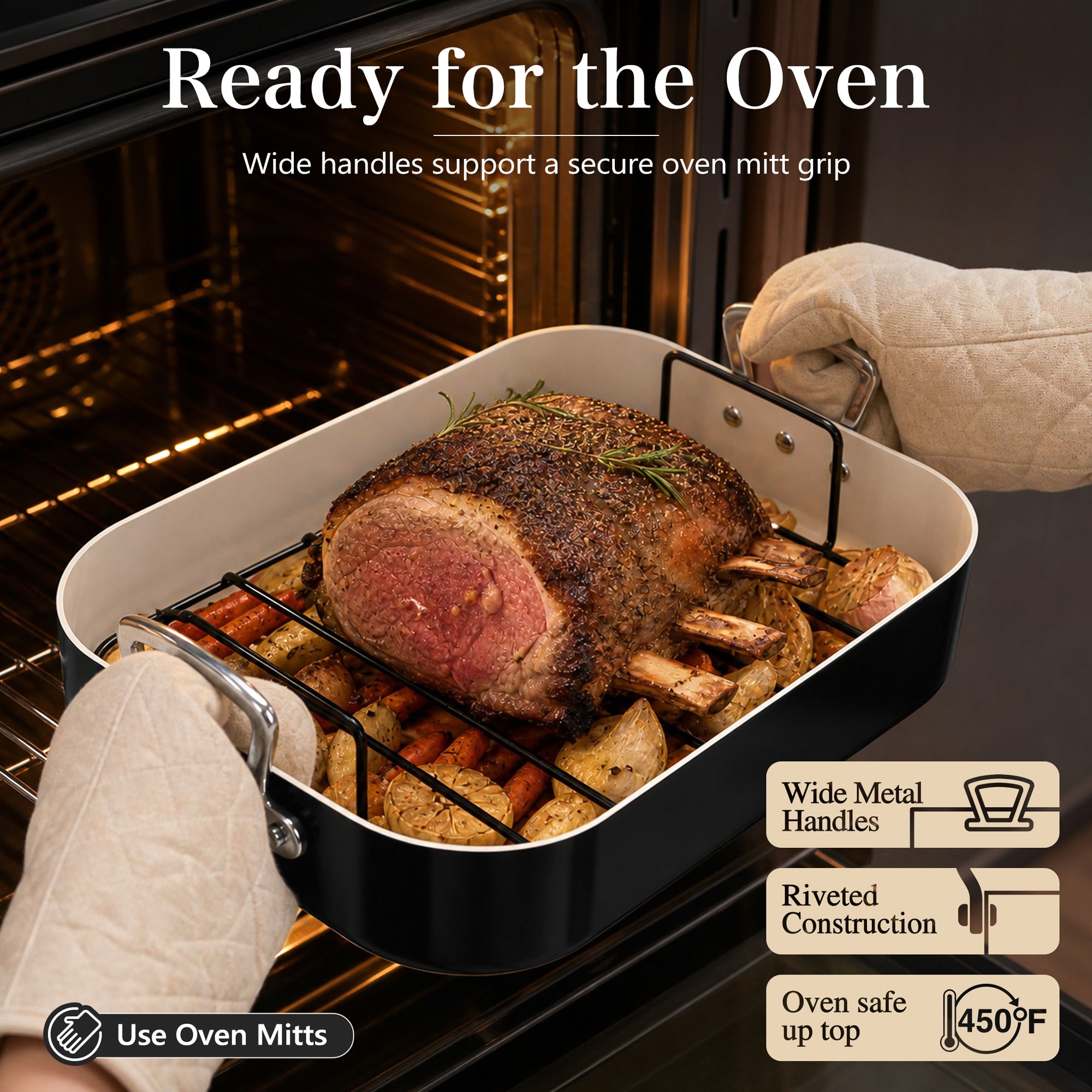 MICHELANGELO Ceramic Roasting Pan with Rack, 15 x 13 Inch, Black