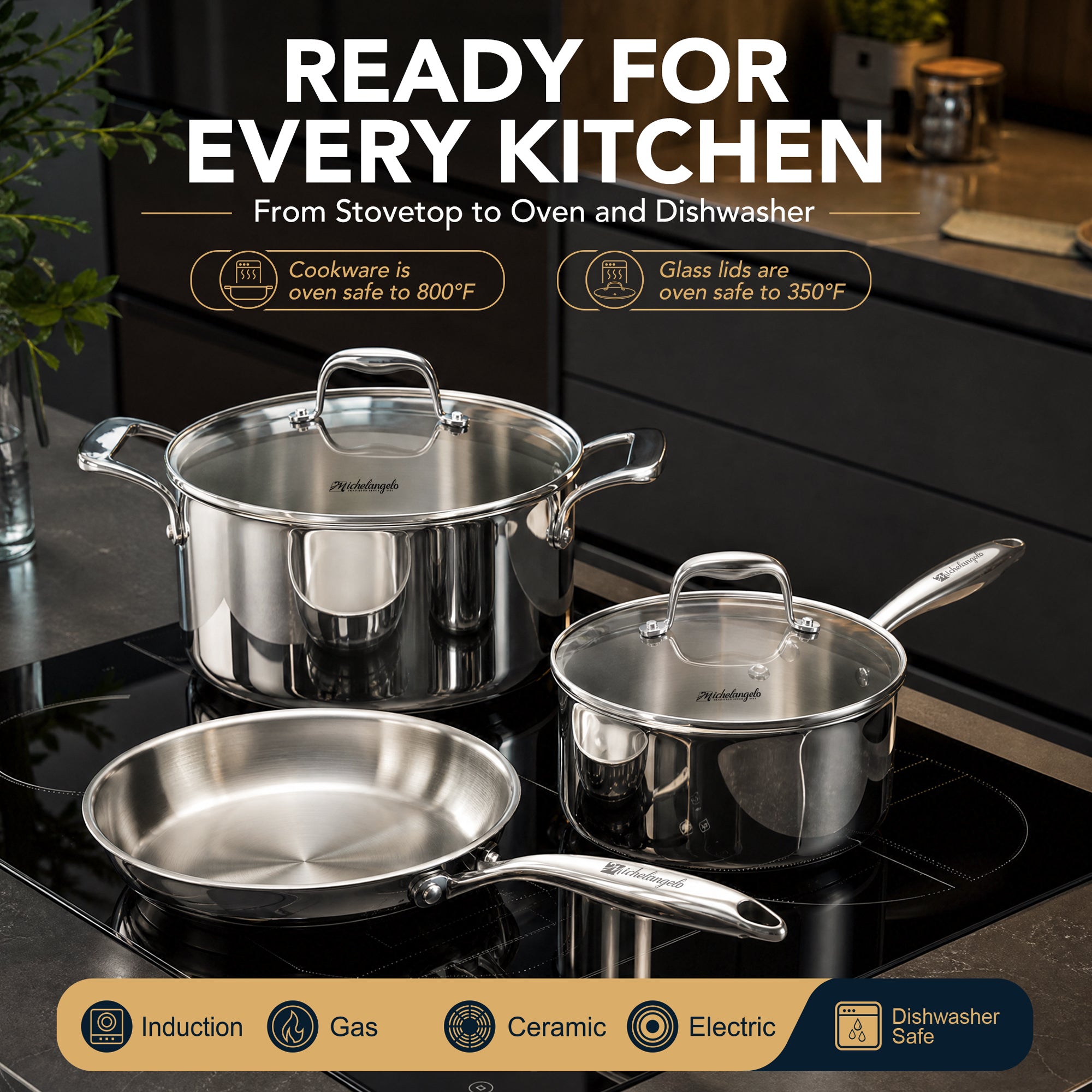 MICHELANGELO 5-Ply Stainless Steel Cookware Set, 23-Piece Pots and Pans Set