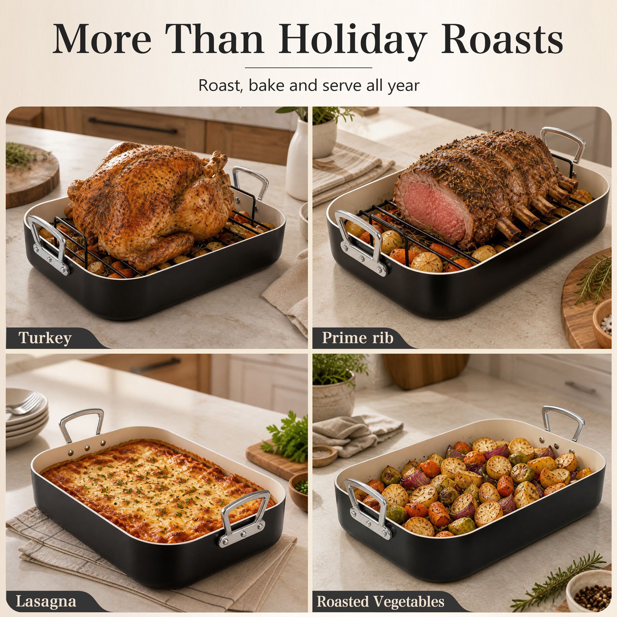 MICHELANGELO Ceramic Roasting Pan with Rack, 15 x 13 Inch, Black