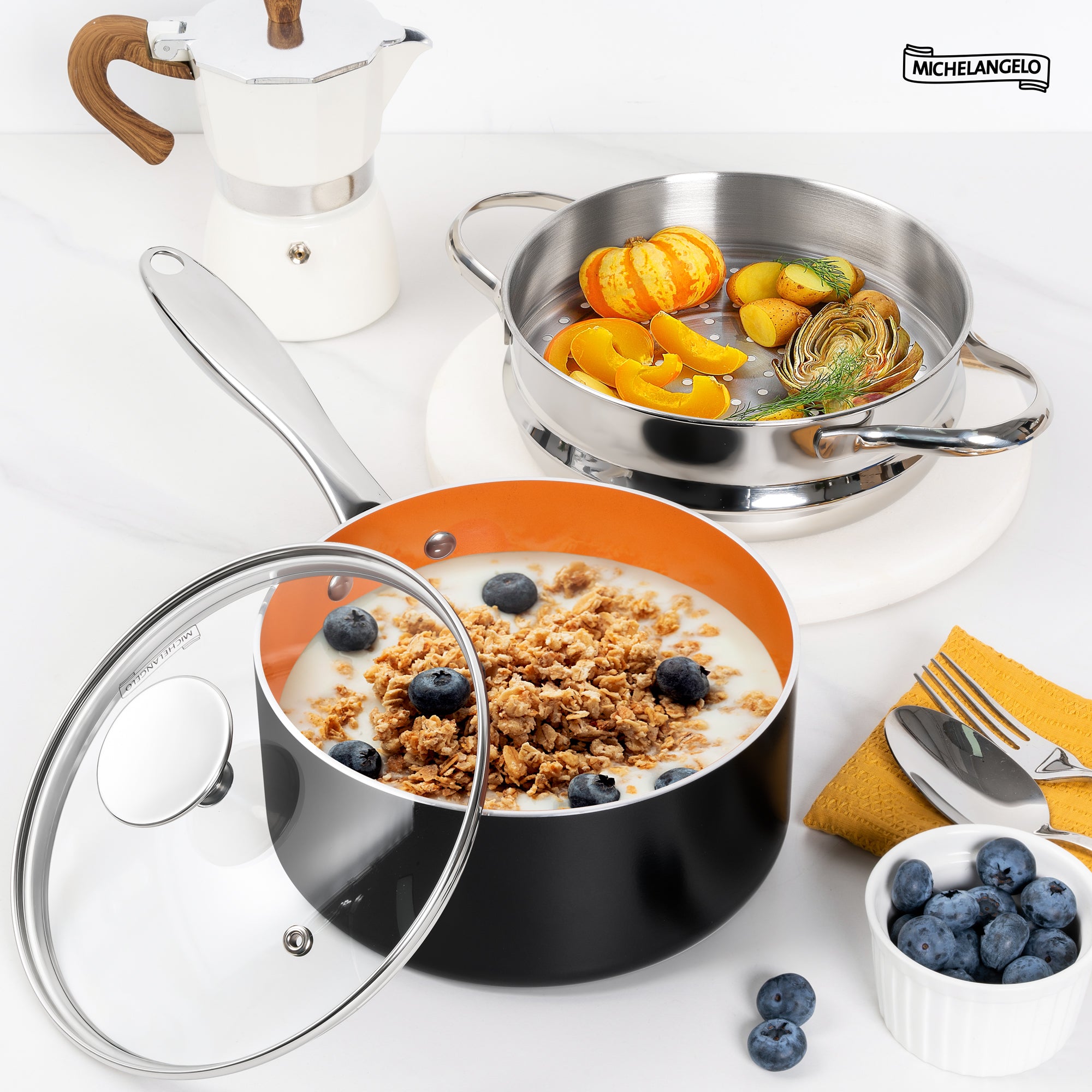 MICHELANGELO 2 Quart Saucepan with Steamer & Glass Lid