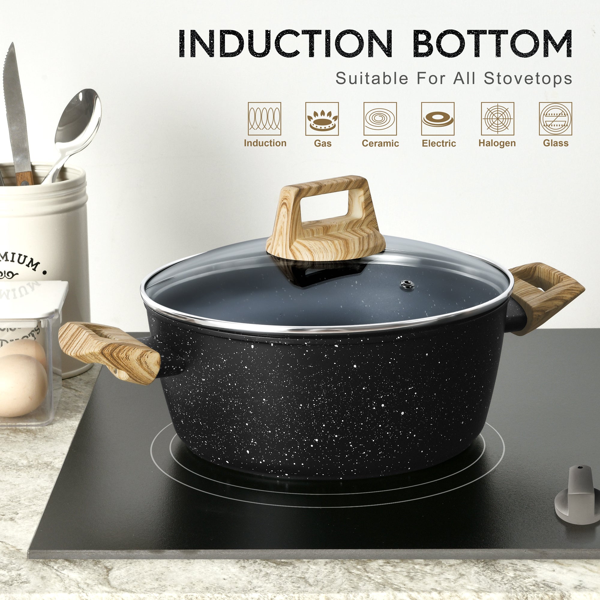 MICHELANGELO Stock Pot with Lid, 4.3 Quart Cooking Pot , Granite Nonstick Pot