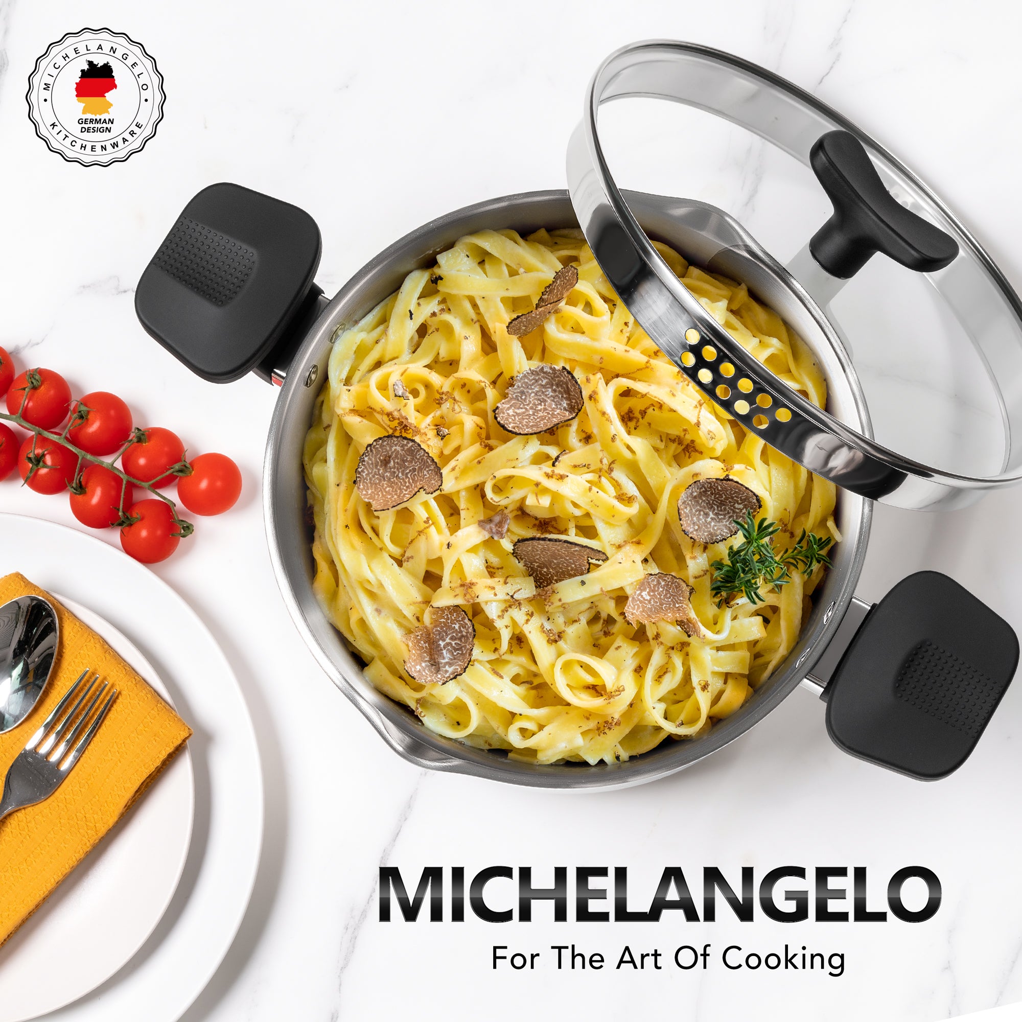 MICHELANGELO Stainless Steel Pasta Pot with Strainer Lid 6 Qt Spaghetti Pot