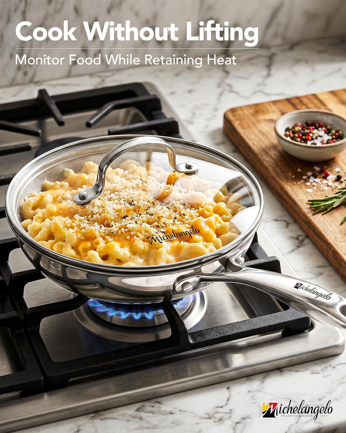 MICHELANGELO 8 Inch Tri-ply Stainless Steel Frying Pan with Lid