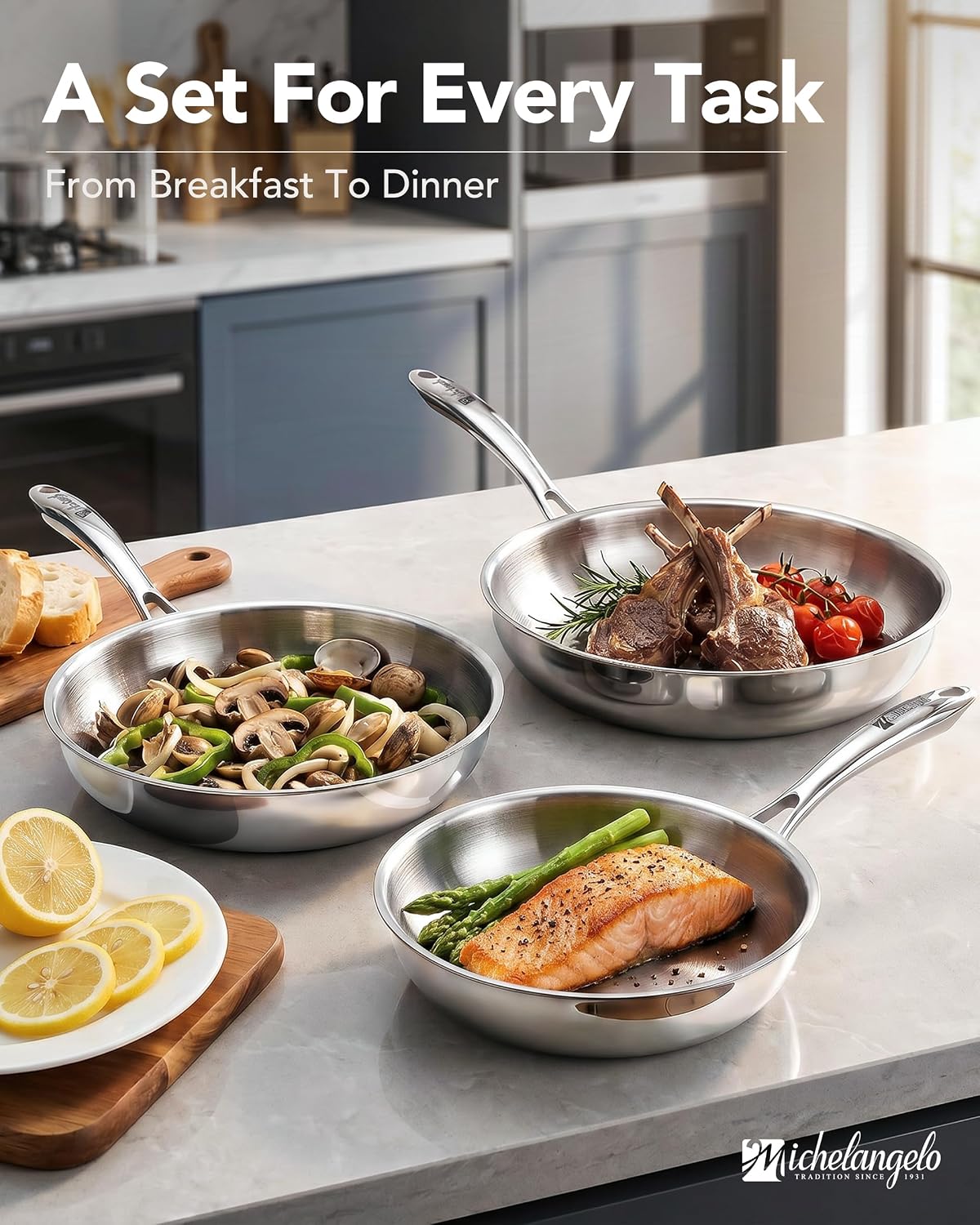 MICHELANGELO Fully Clad Tri-Ply Stainless Steel Frying Pan Set 8",9.5",11"