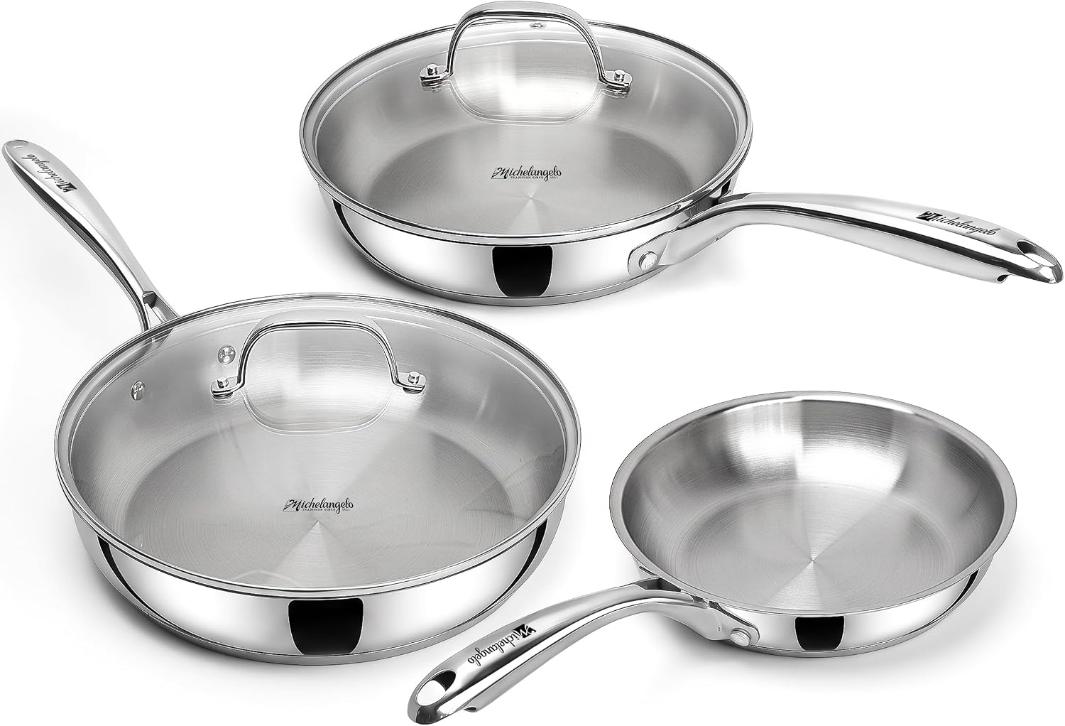 MICHELANGELO Stainless Steel Frying Pan Set with Lid, 8" 10" Cooking Pan set with Triply Base