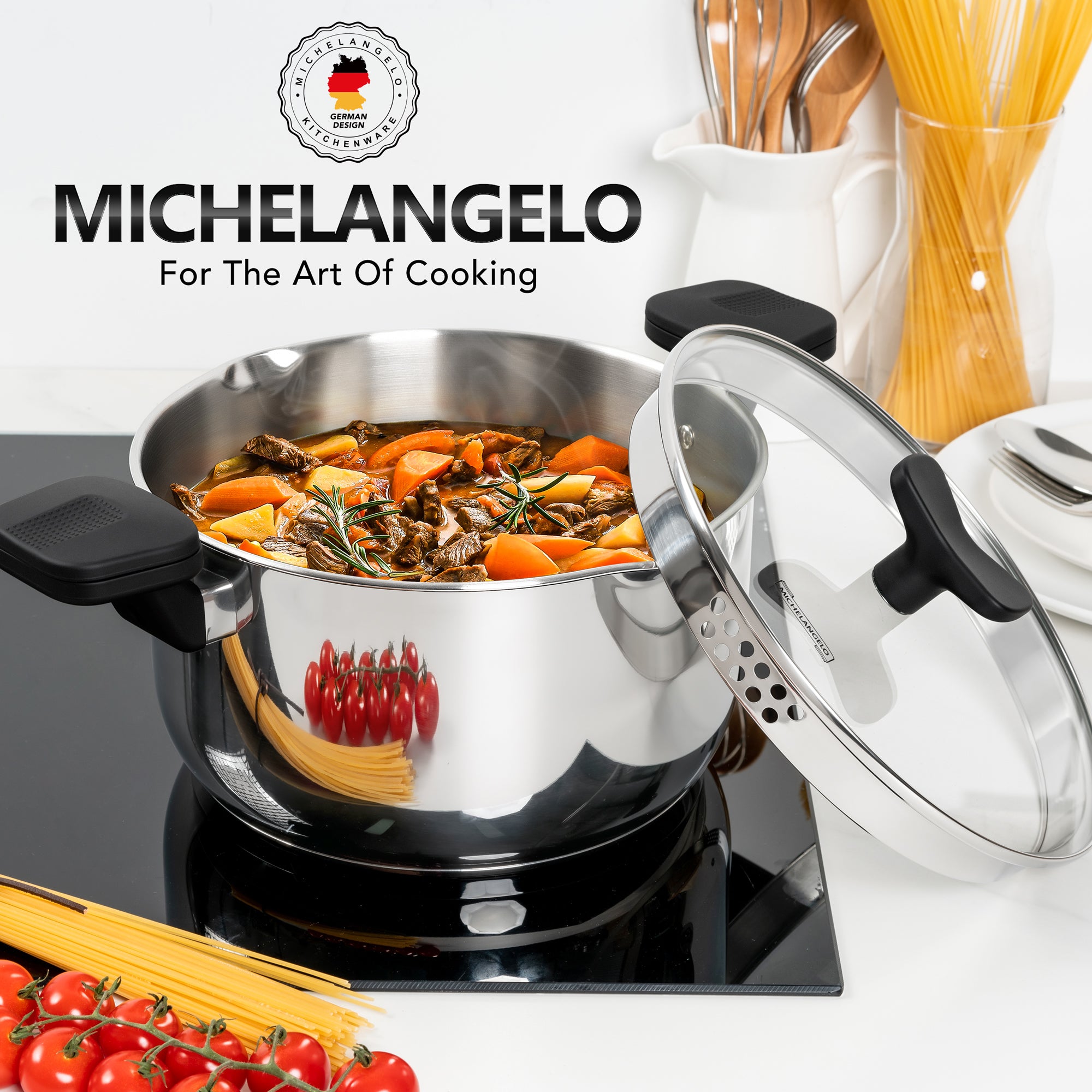 MICHELANGELO Stainless Steel Pasta Pot with Strainer Lid 6 Qt Spaghetti Pot