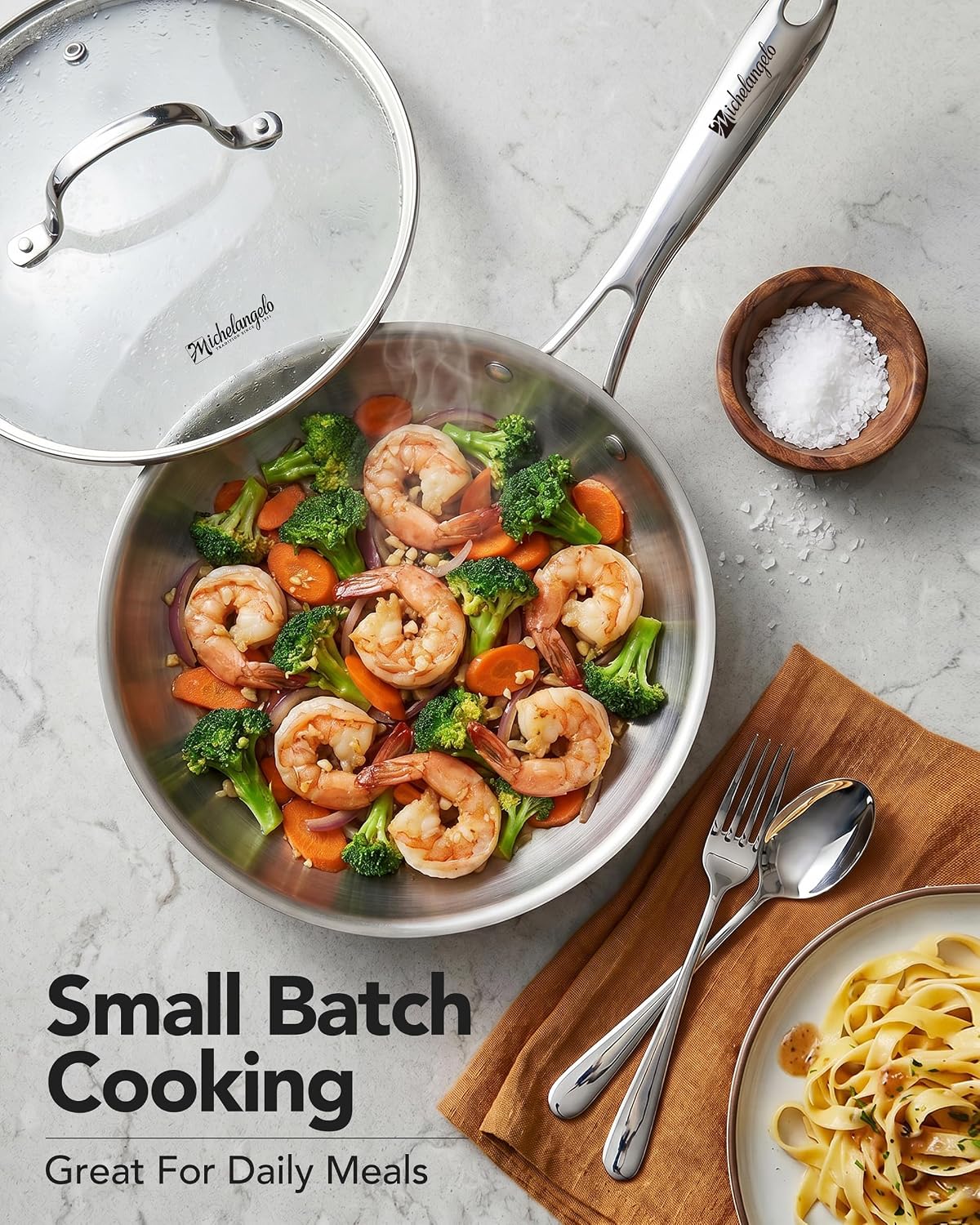 MICHELANGELO 8 Inch Tri-ply Stainless Steel Frying Pan with Lid