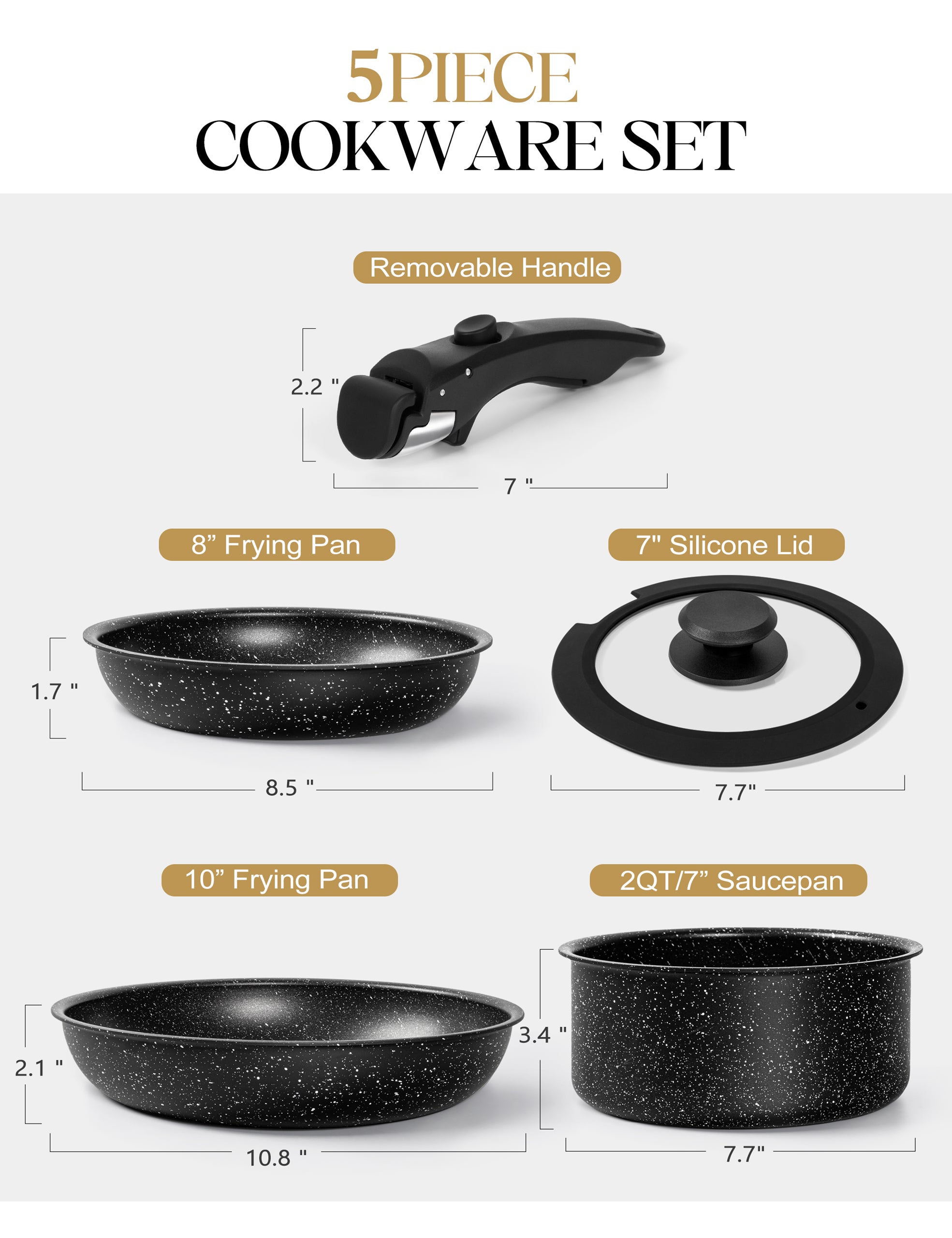 MICHELANGELO Pots and Pans Set Detachable Handle, 5Pcs, Black