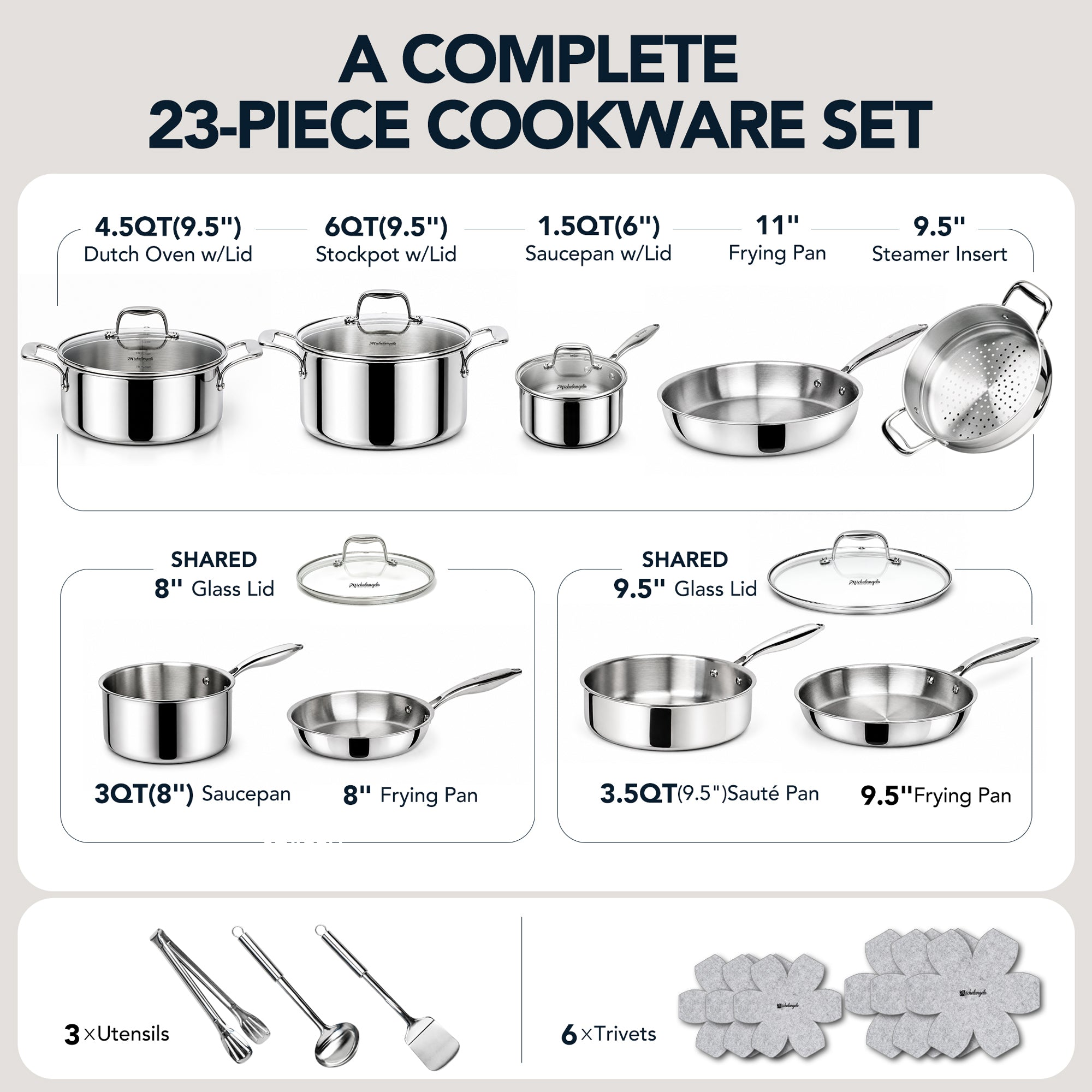 MICHELANGELO 5-Ply Stainless Steel Cookware Set, 23-Piece Pots and Pans Set