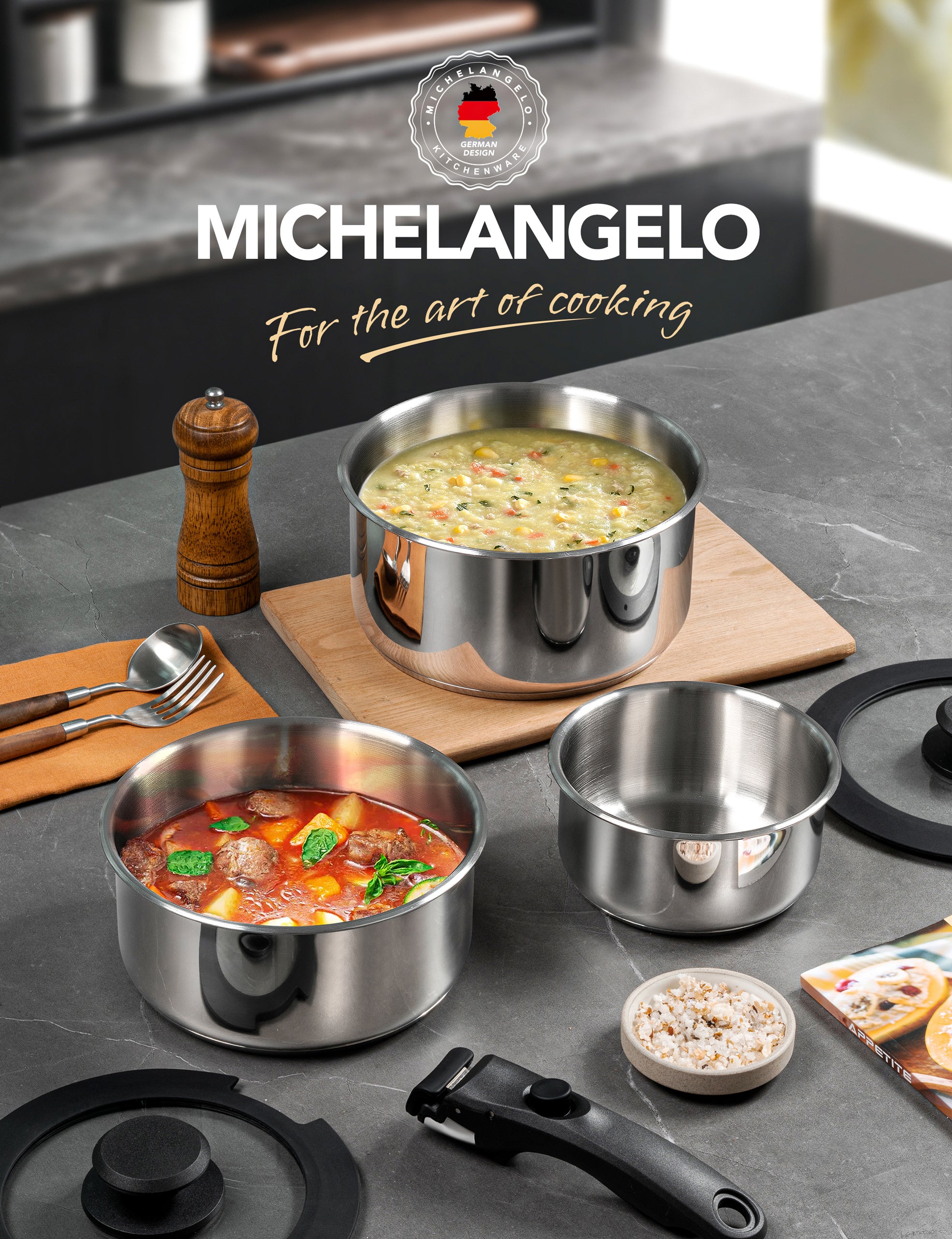 MICHELANGELO 6pcs Stainless Steel Pot Set with Removable Handle