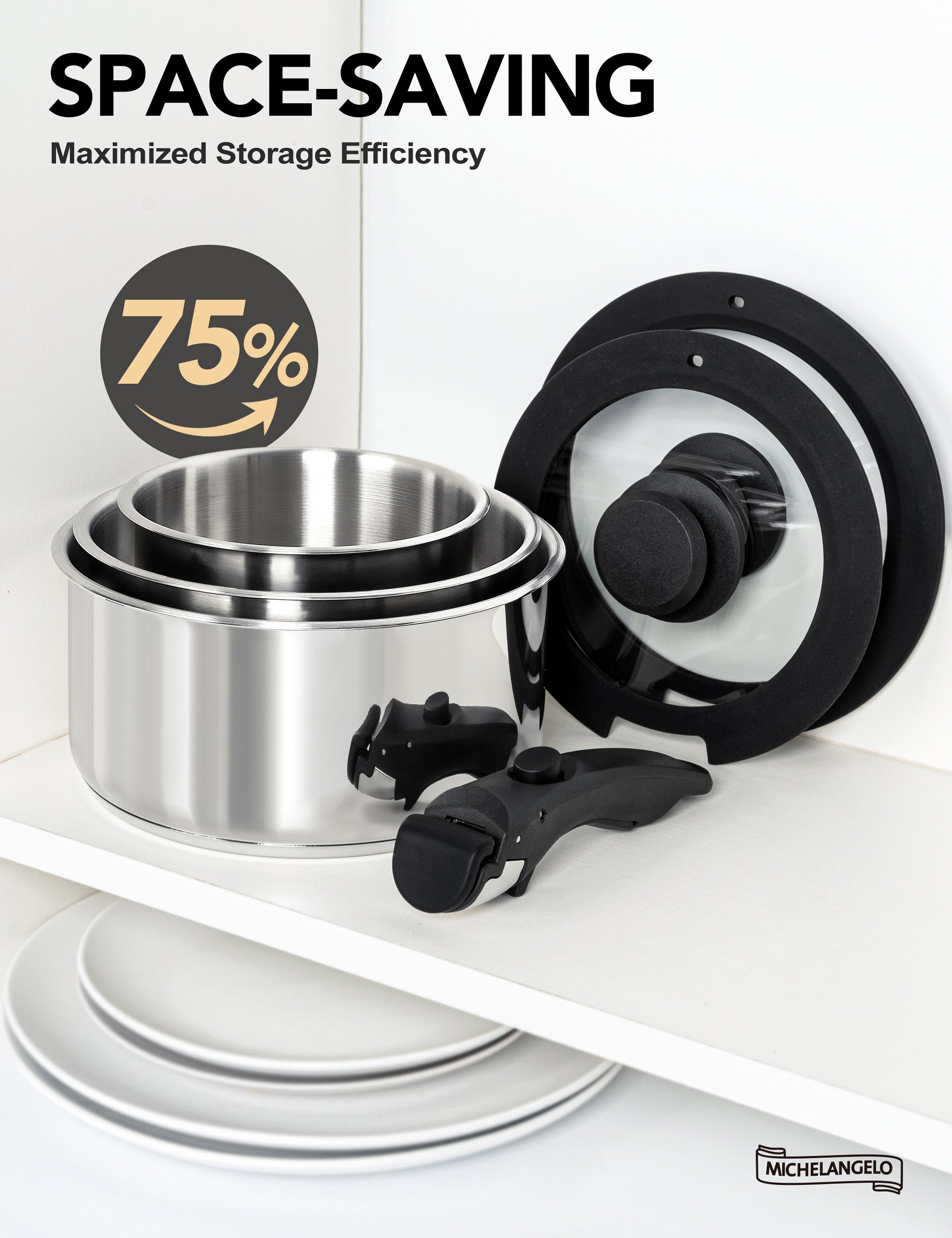 MICHELANGELO 6pcs Stainless Steel Pot Set with Removable Handle