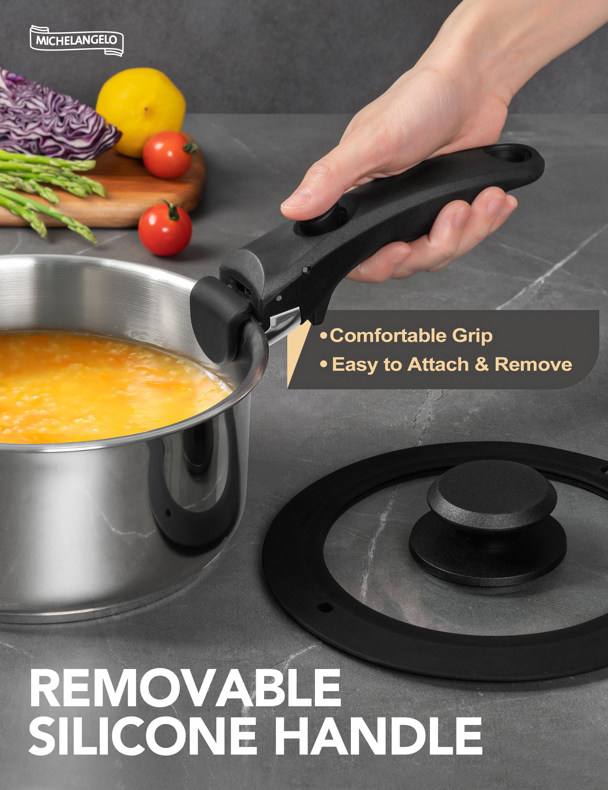 MICHELANGELO 6pcs Stainless Steel Pot Set with Removable Handle