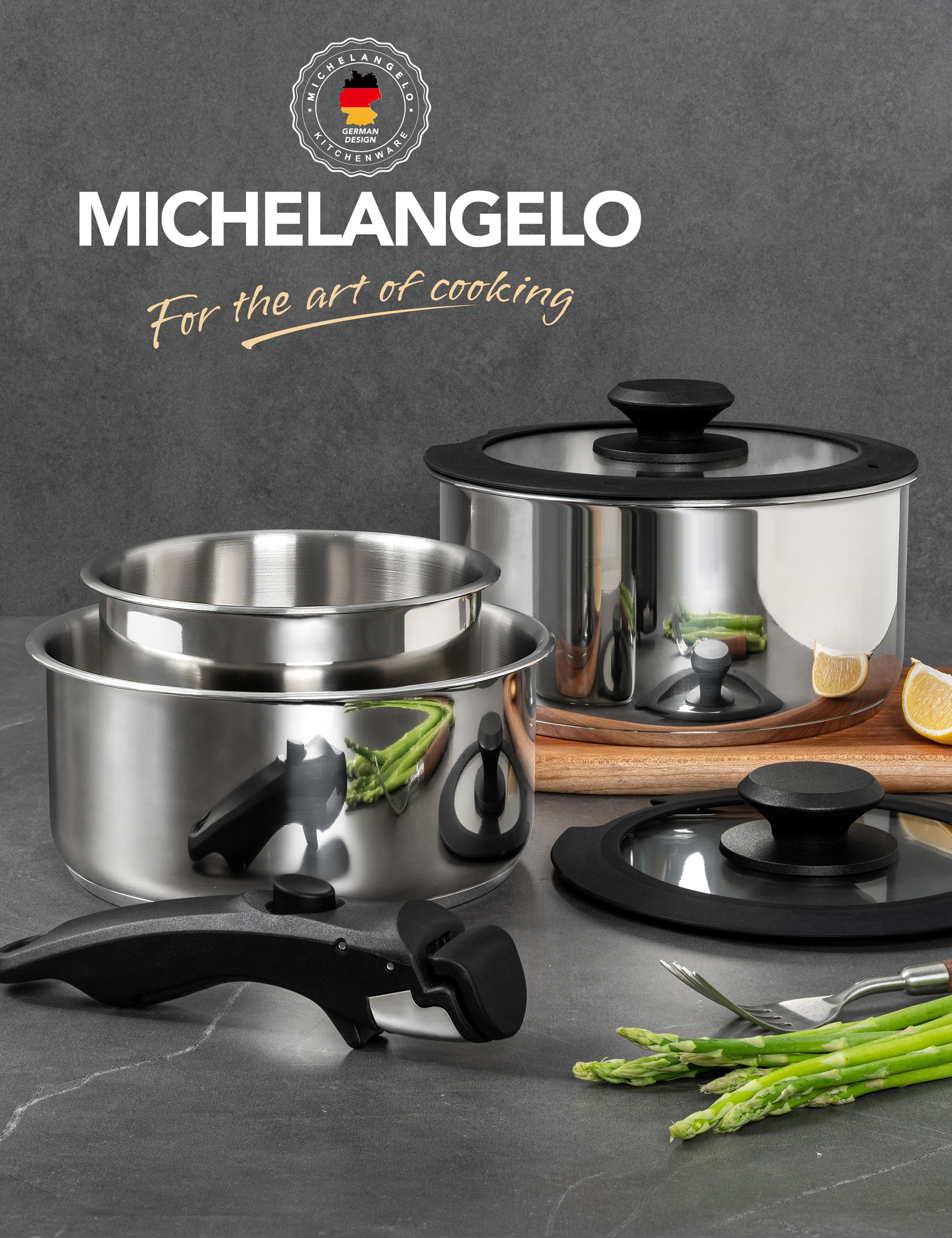 MICHELANGELO 6pcs Stainless Steel Pot Set with Removable Handle