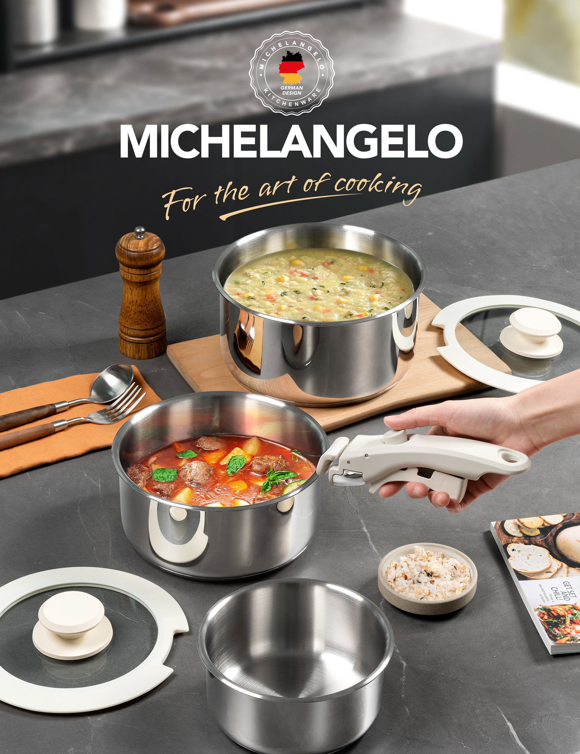 MICHELANGELO 6pcs Stainless Steel Pot Set with Removable Handle