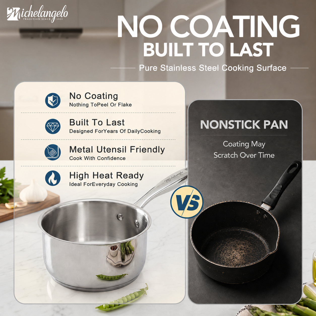 MICHELANGELO Stainless Steel Pots and Pans Set, 6-Piece Cookware Set