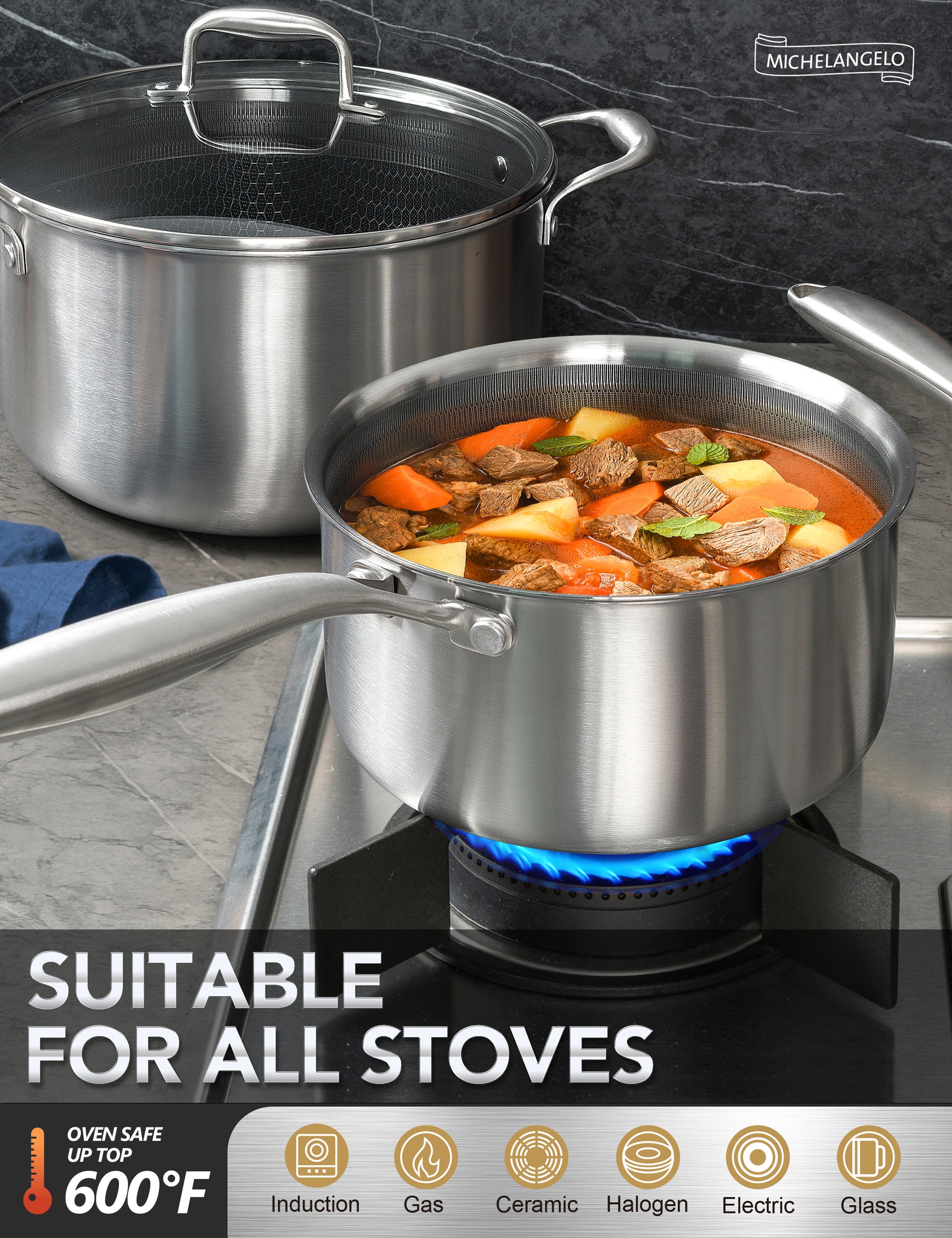 MICHELANGELO 6 Pcs Tri-ply Stainless Steel Pot Set, 2QT & 3QT & 8QT Pot with Lids