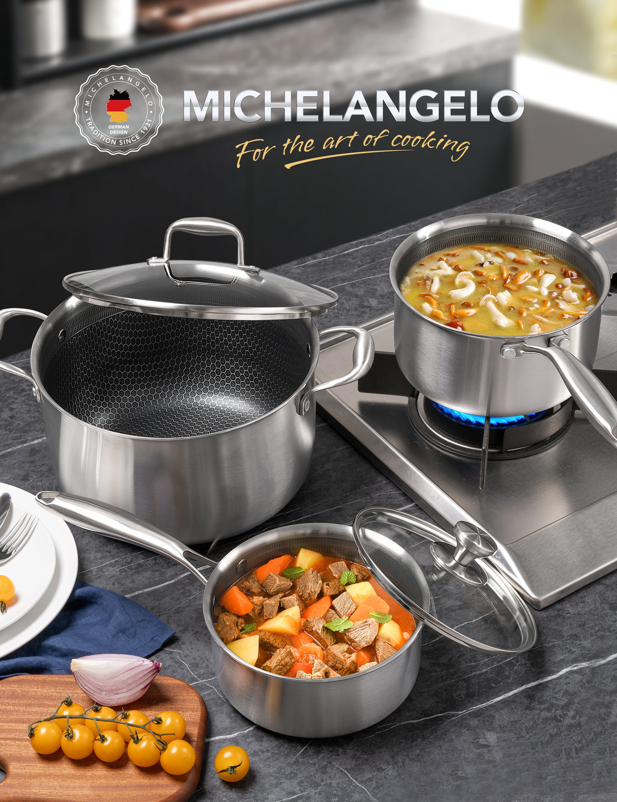 MICHELANGELO 6 Pcs Tri-ply Stainless Steel Pot Set, 2QT & 3QT & 8QT Pot with Lids