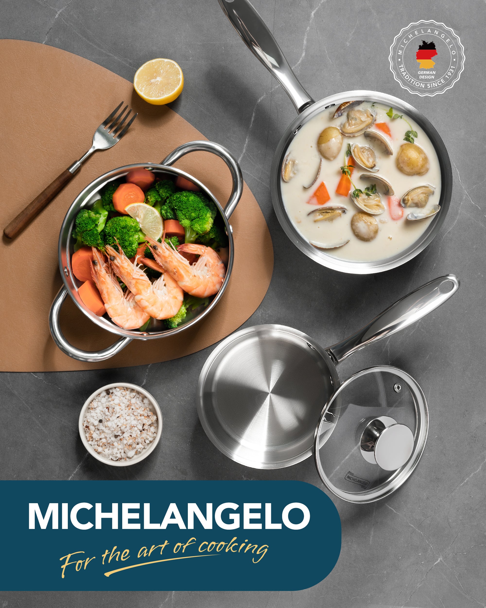 MICHELANGELO 1 & 2Quart Stainless Steel Saucepan with Lid & Steamer