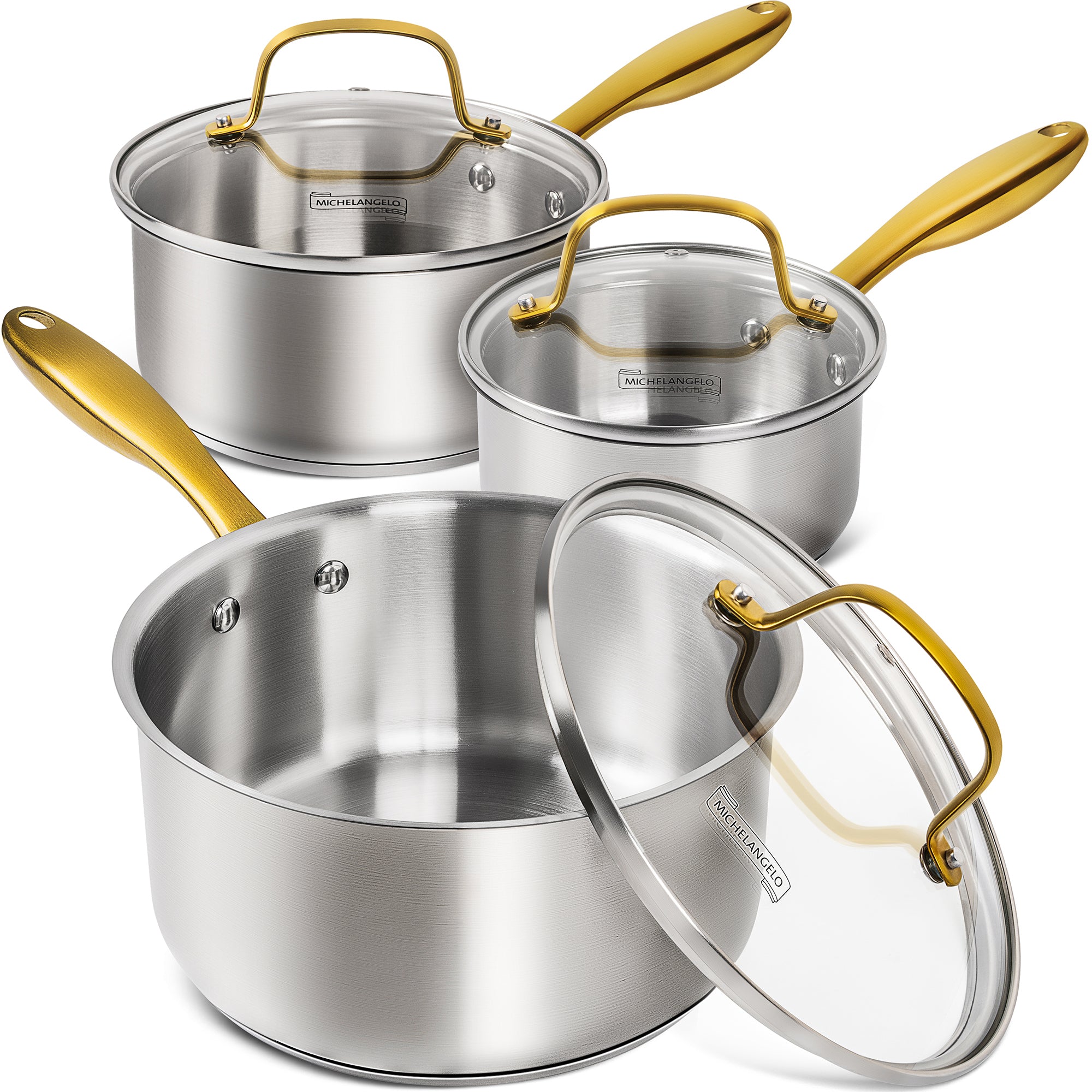 MICHELANGELO Stainless Steel Saucepan with Lid & Pour Spout 1QT & 2QT & 3QT,Stay-Cool Golden Handles