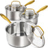 MICHELANGELO Stainless Steel Saucepan with Lid & Pour Spout 1QT & 2QT & 3QT,Stay-Cool Golden Handles