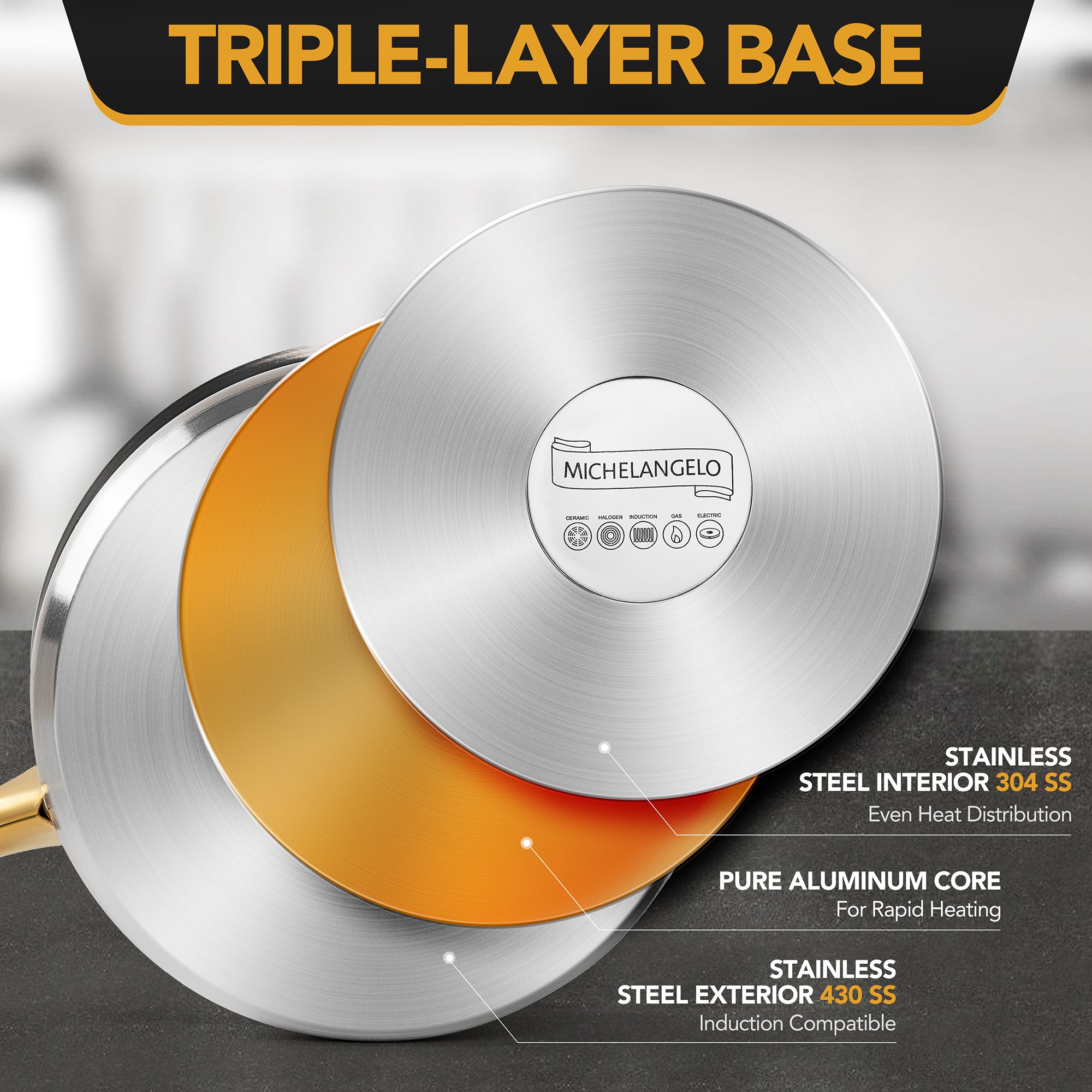 MICHELANGELO Stainless Steel Saucepan with Lid & Pour Spout 3QT,Stay-Cool Golden Handles