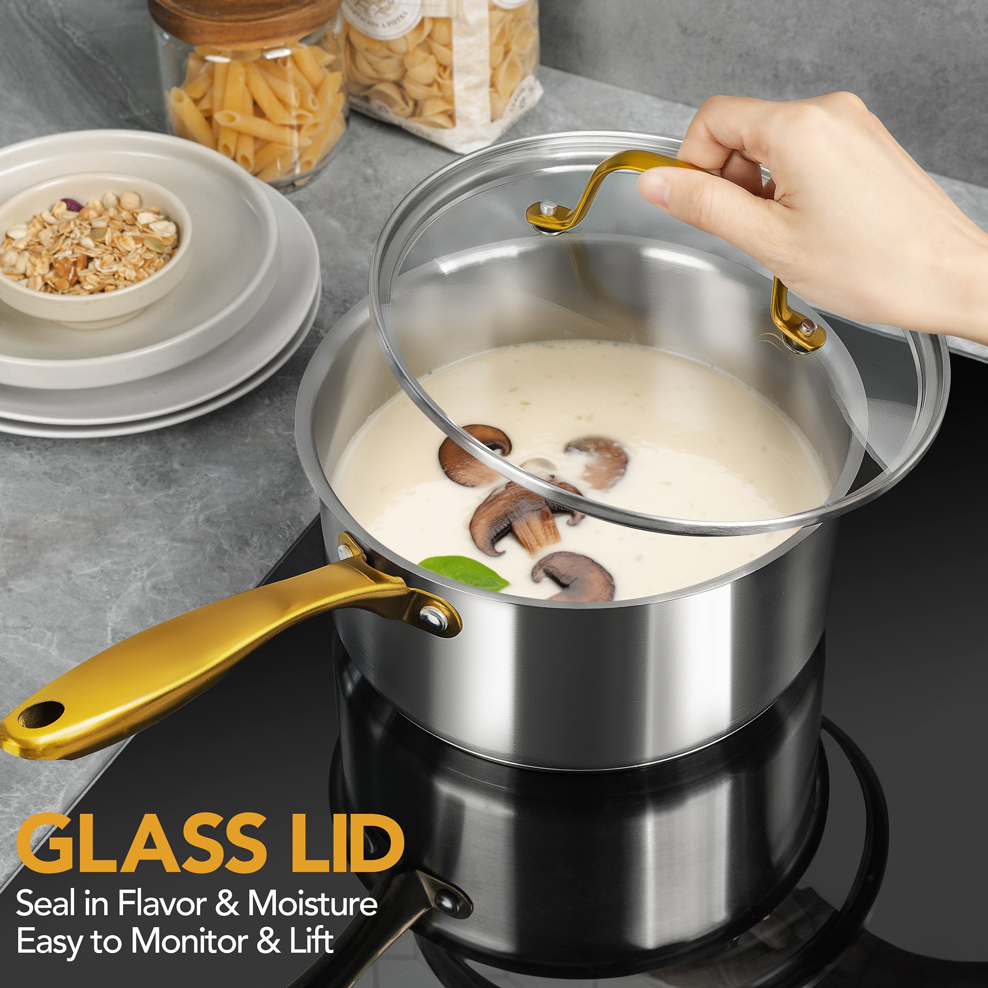 MICHELANGELO Stainless Steel Saucepan with Lid & Pour Spout 3QT,Stay-Cool Golden Handles