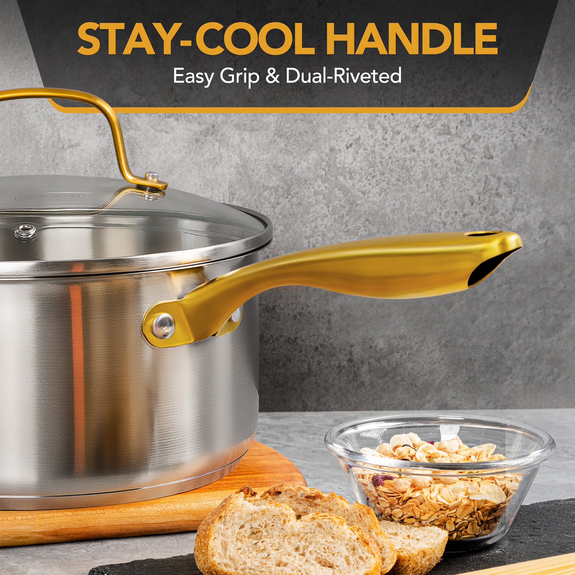 MICHELANGELO Stainless Steel Saucepan with Lid & Pour Spout 3QT,Stay-Cool Golden Handles