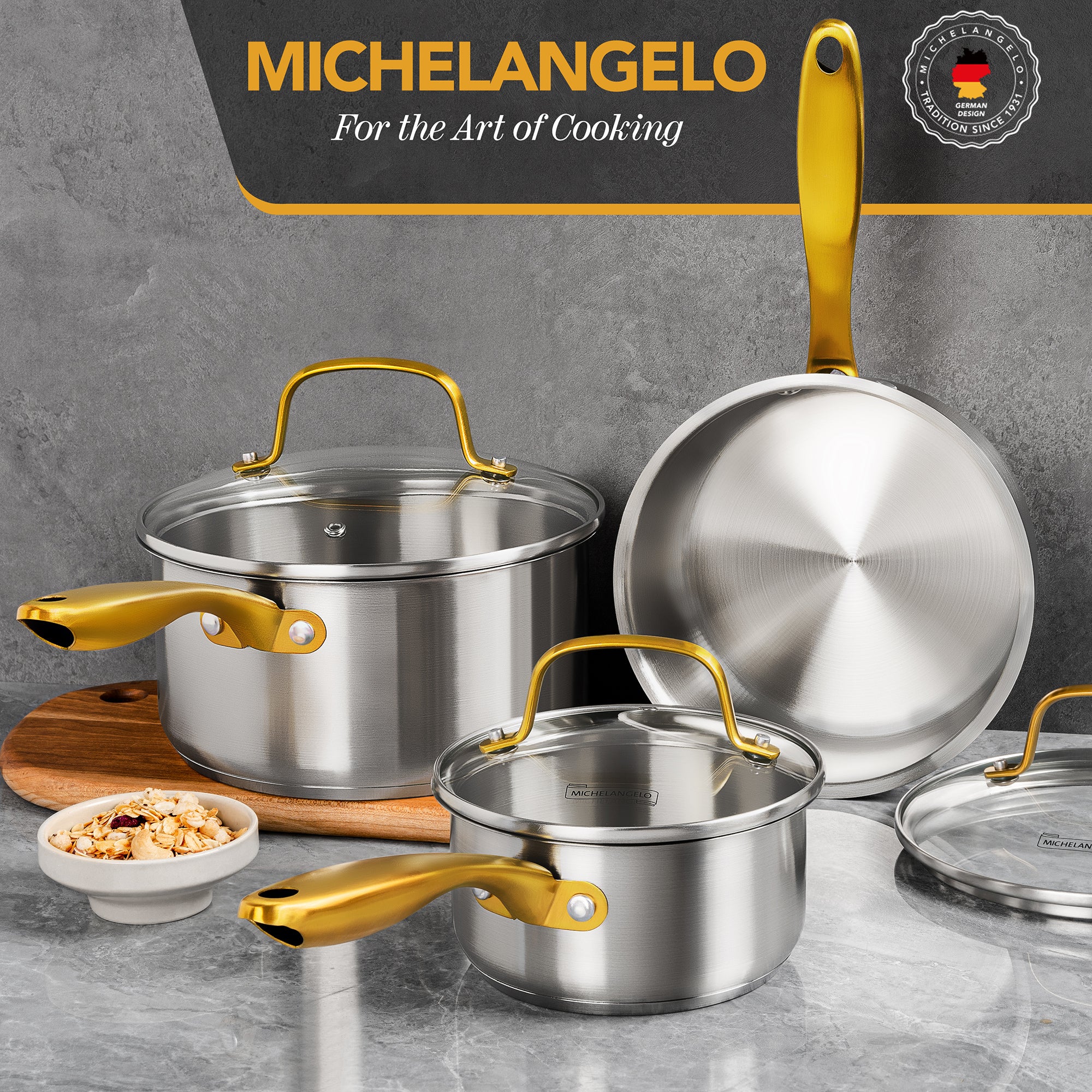 MICHELANGELO Stainless Steel Saucepan with Lid & Pour Spout 1QT & 2QT & 3QT,Stay-Cool Golden Handles