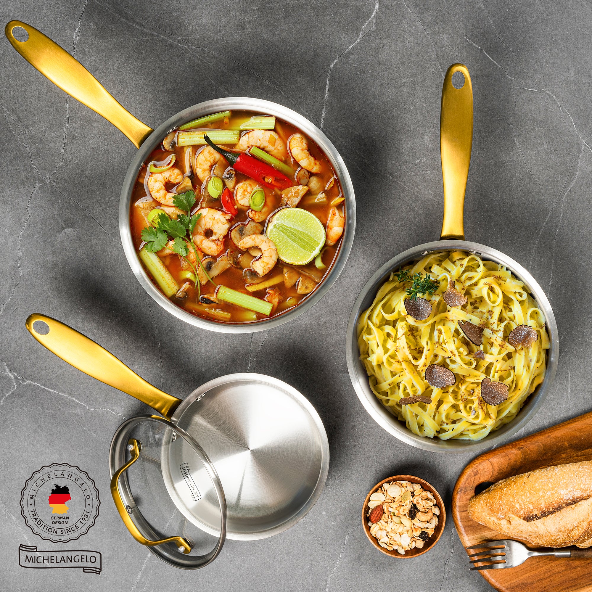 MICHELANGELO Stainless Steel Saucepan with Lid & Pour Spout 3QT,Stay-Cool Golden Handles