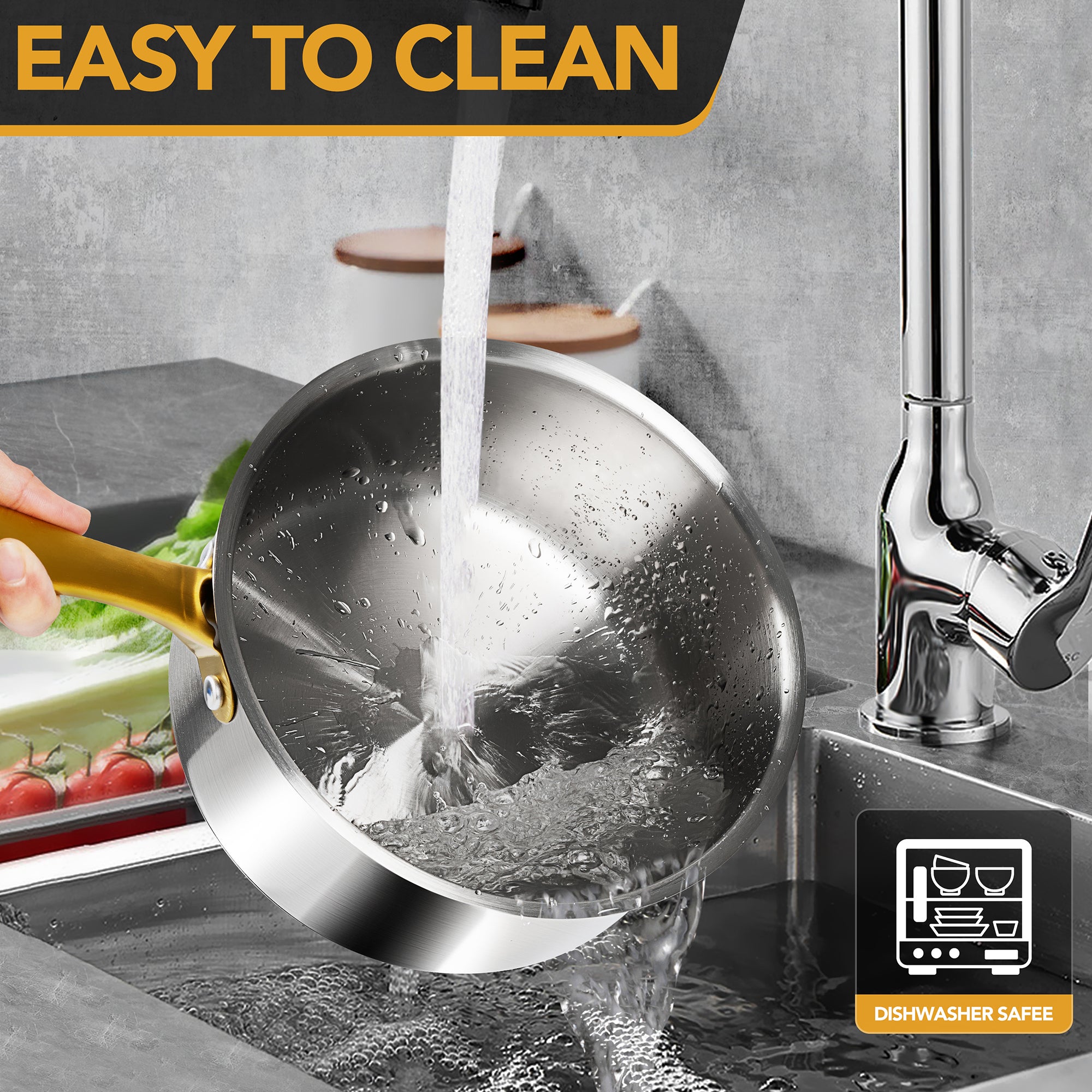 MICHELANGELO Stainless Steel Saucepan with Lid & Pour Spout 1QT & 2QT,Stay-Cool Golden Handles