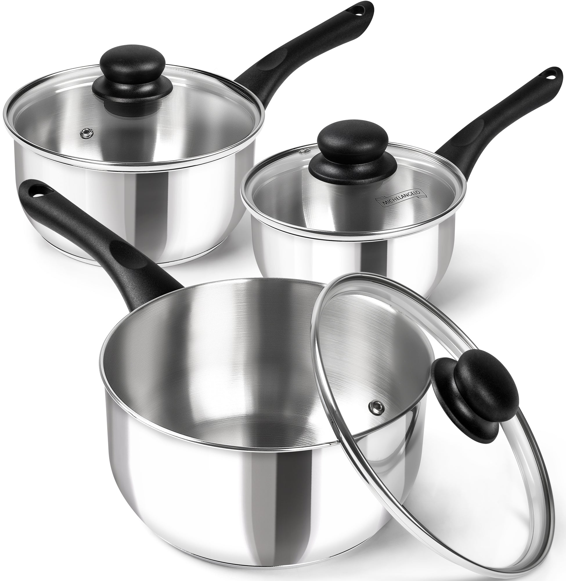 MICHELANGELO 1 & 2 & 3 Quart Stainless Steel Saucepan Set with Bakelite Handle
