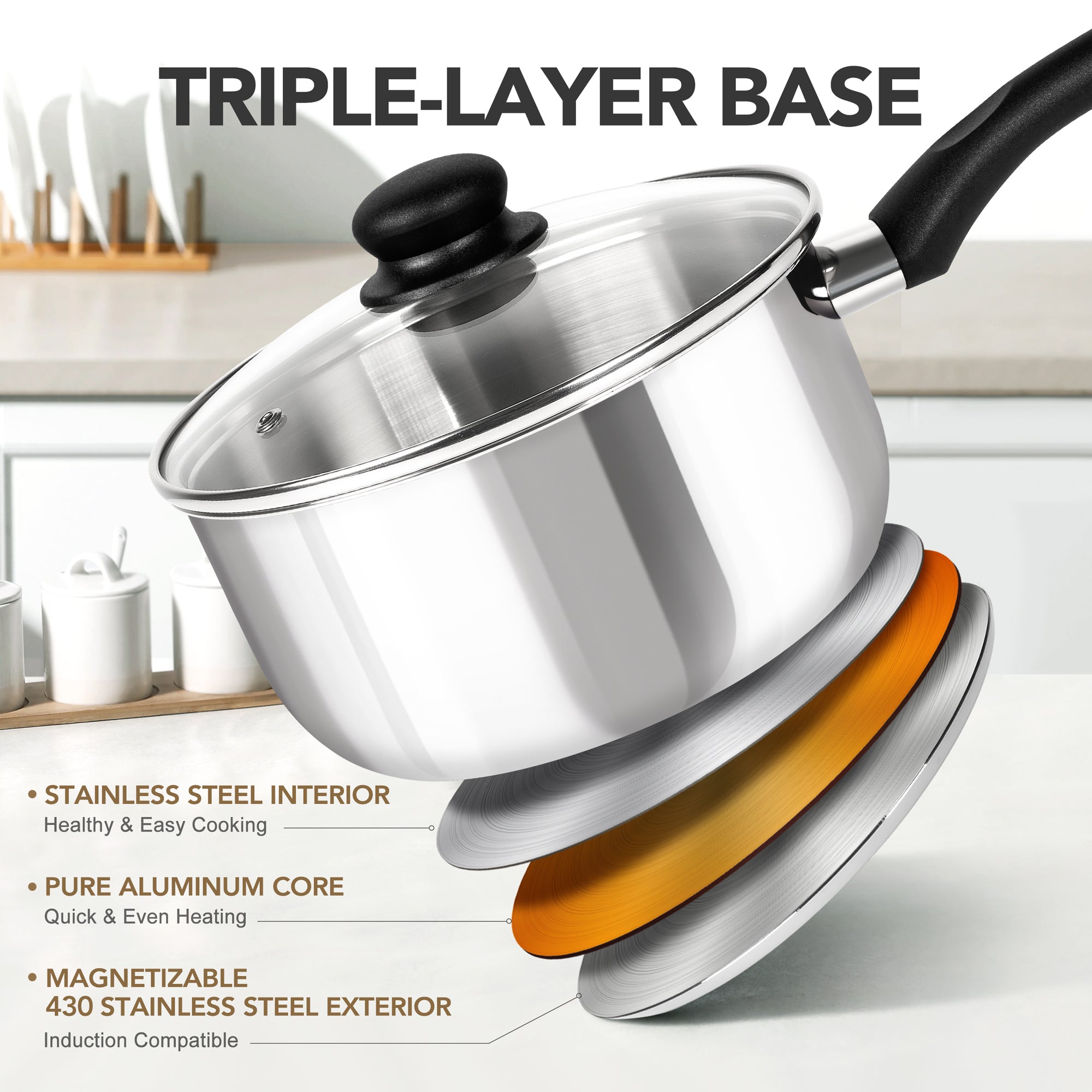 MICHELANGELO 1 & 2 & 3 Quart Stainless Steel Saucepan Set with Bakelite Handle