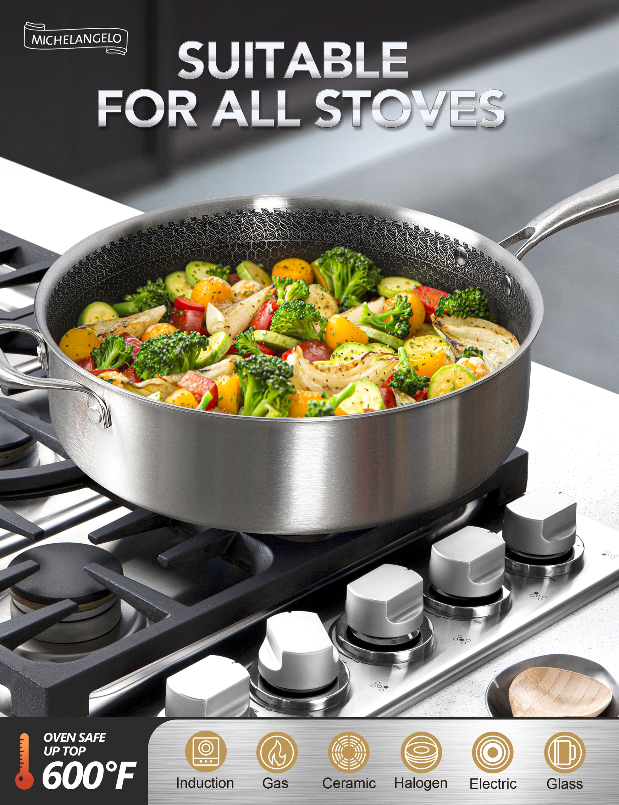 MICHELANGELO Tri-ply Stainless Steel Saute Pan 6 QT with Honeycomb Interior
