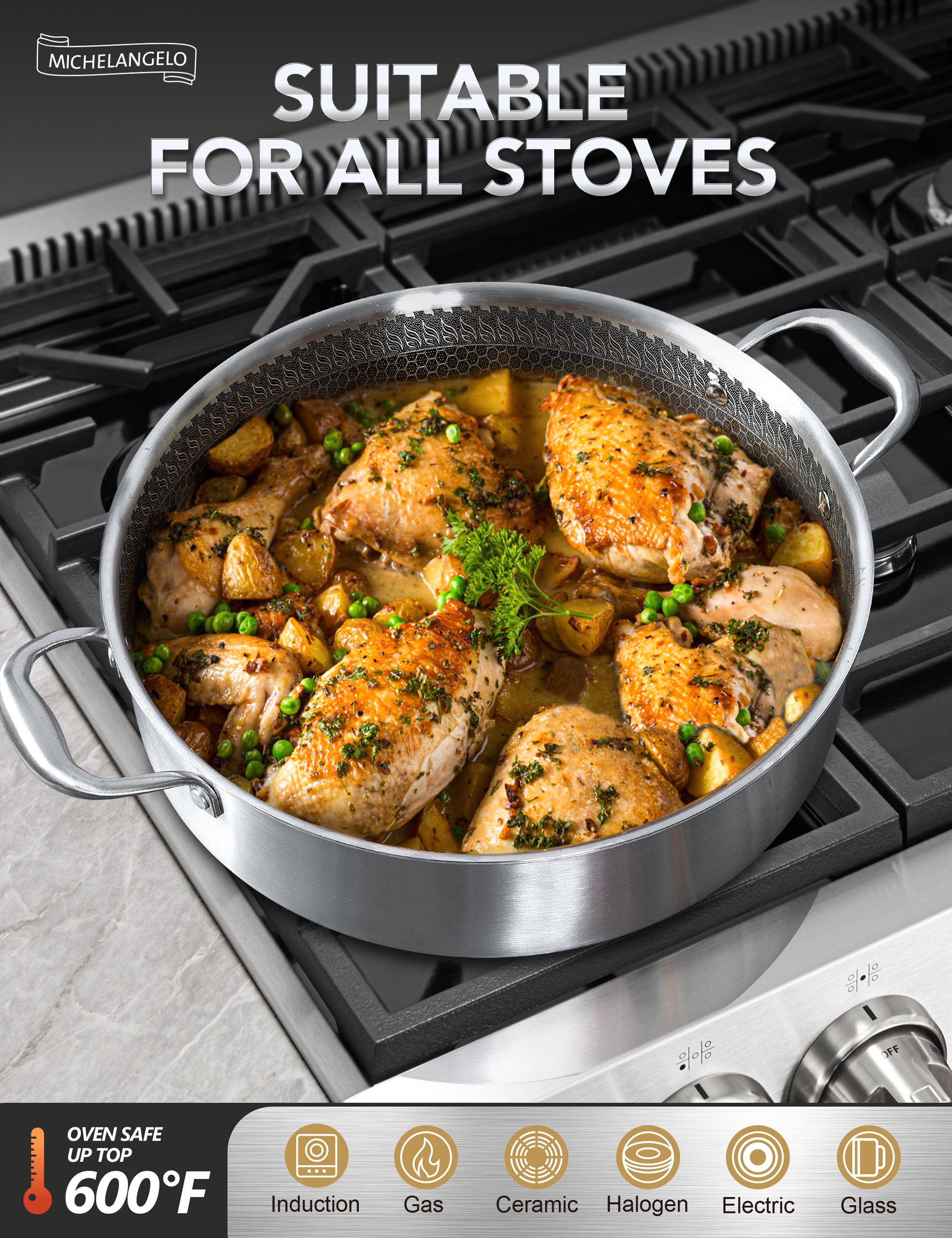 MICHELANGELO Tri-ply Stainless Steel Saute Pan 6 Quart, Deep Frying Pan with Honeycomb Interior