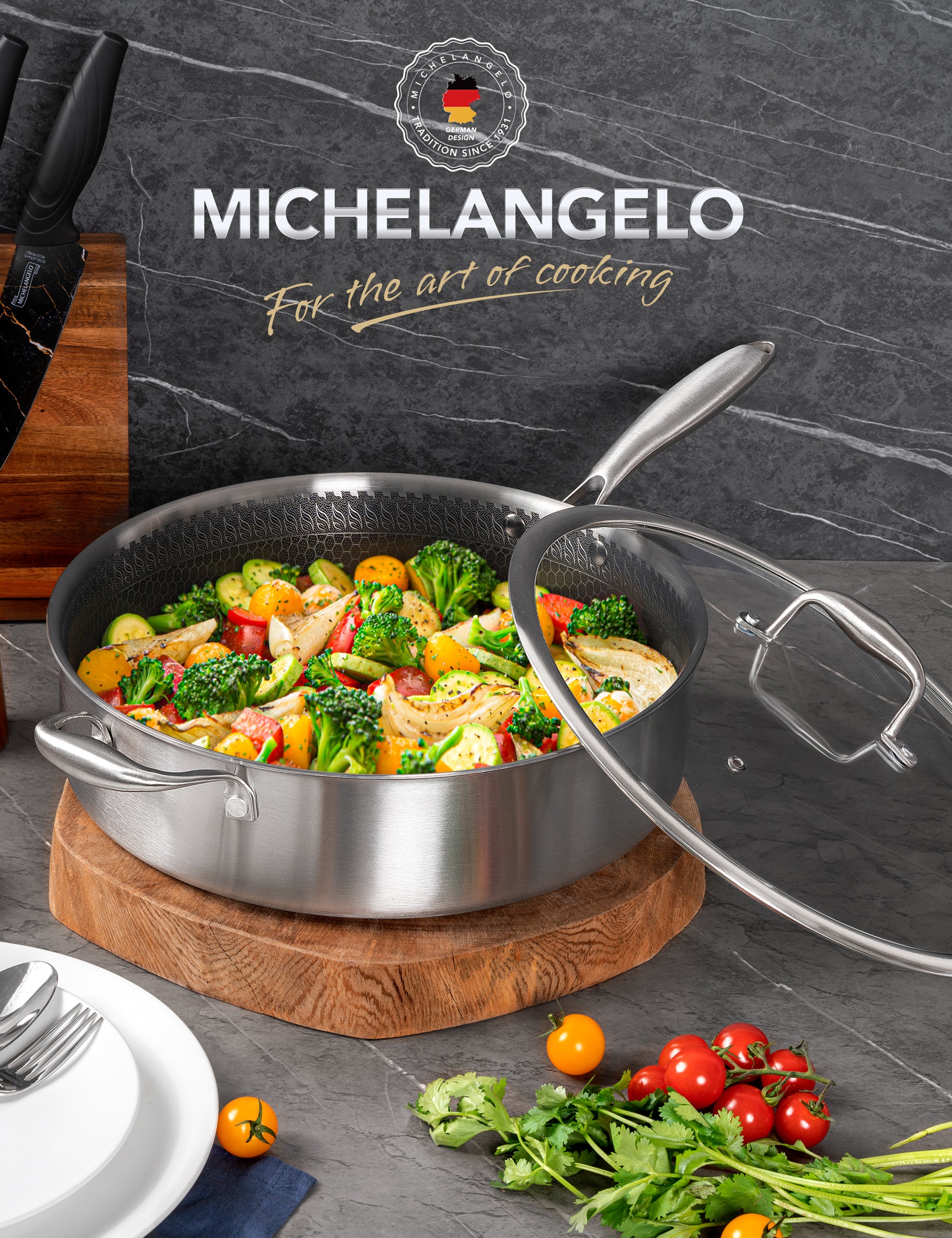 MICHELANGELO Tri-ply Stainless Steel Saute Pan 6 QT with Honeycomb Interior