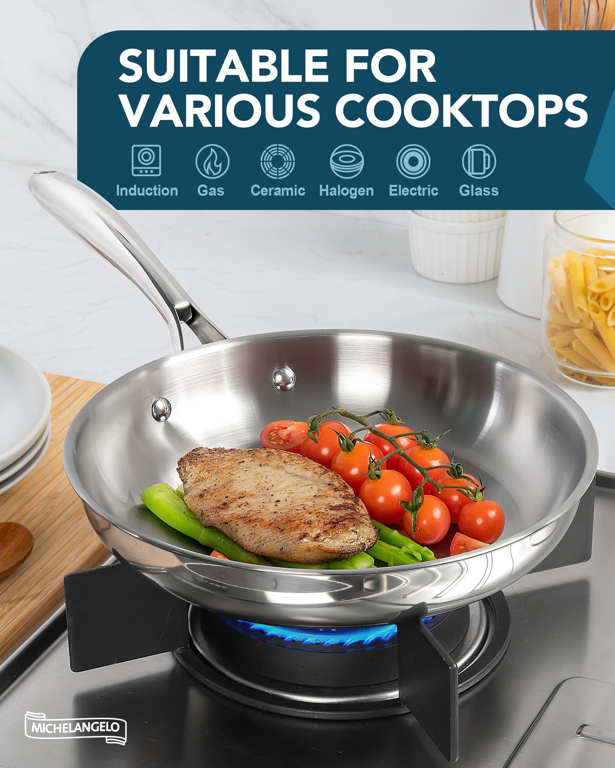 MICHELANGELO 18/10 Stainless Steel Frying Pan Set, 8" / 9.5" / 11" Cooking Pans