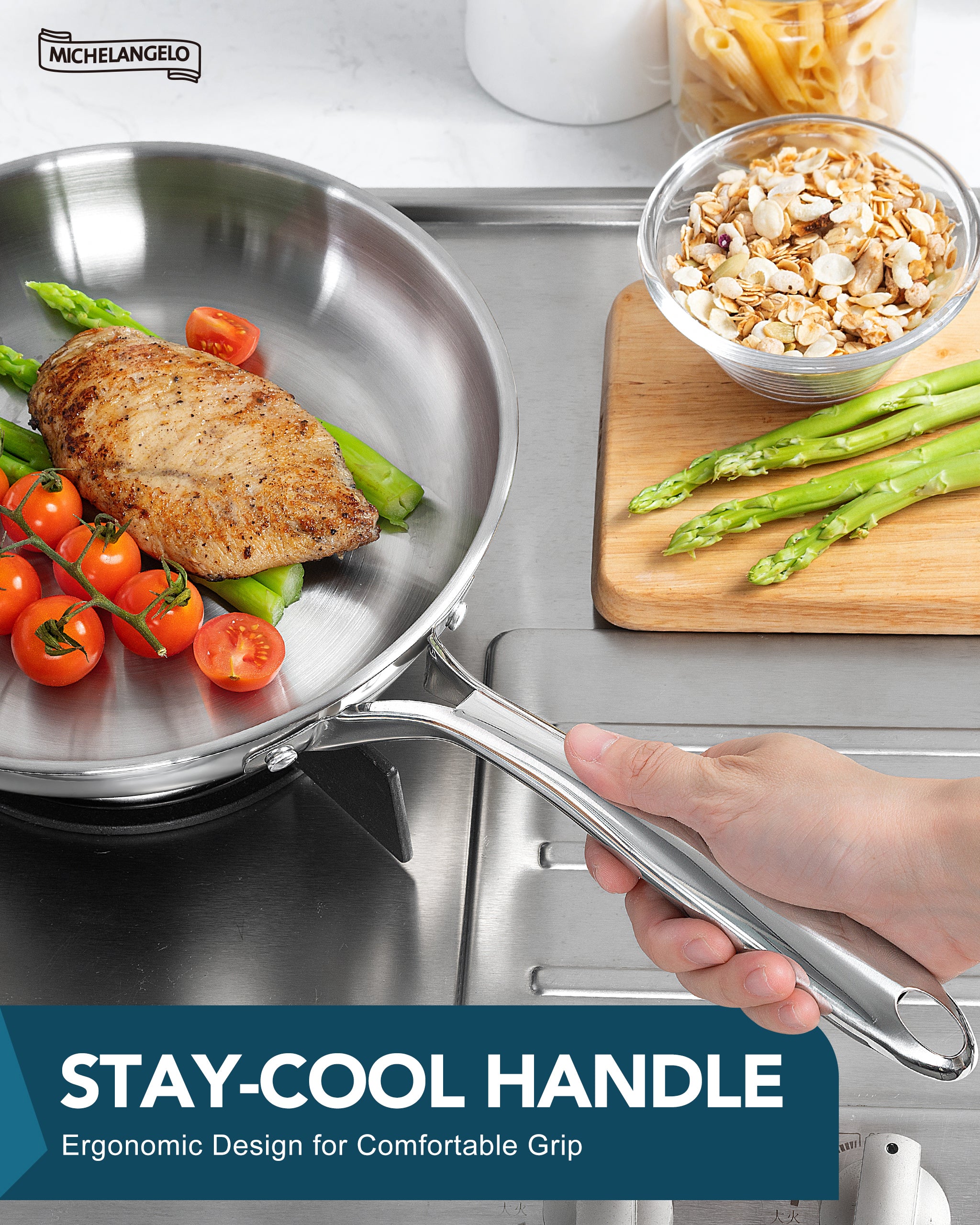 MICHELANGELO 18/10 Stainless Steel Frying Pan Set, 8" / 9.5" / 11" Cooking Pans