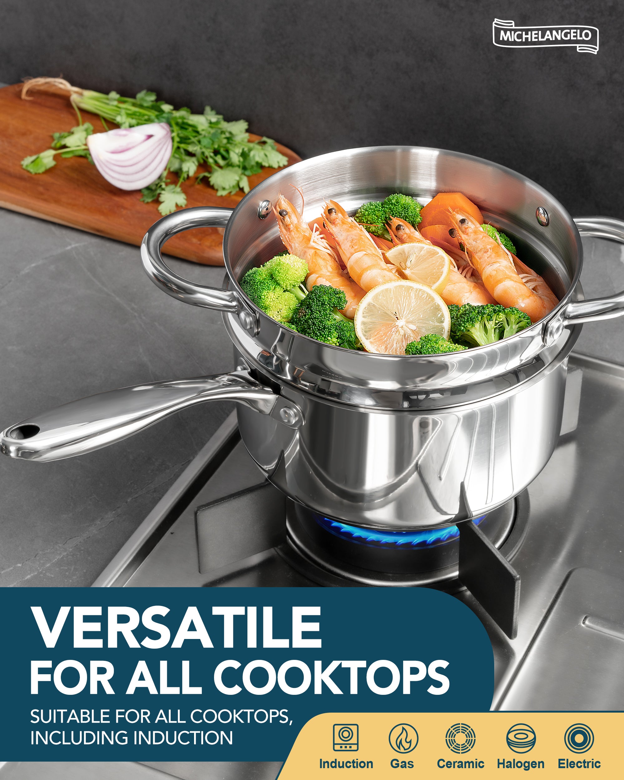 MICHELANGELO 1 & 2Quart Stainless Steel Saucepan with Lid & Steamer