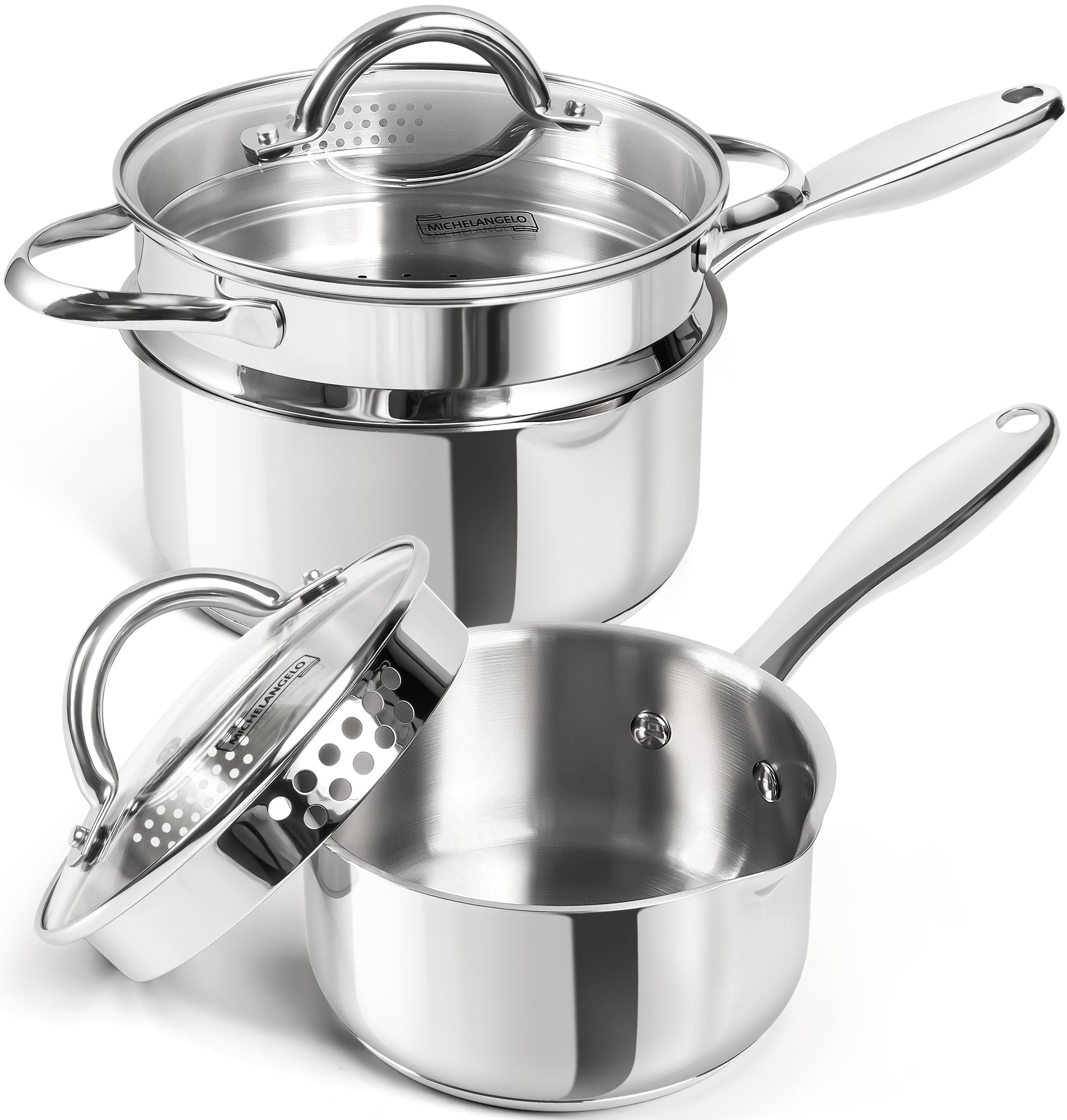 MICHELANGELO Stainless Steel Sauce Pot Set with Steamer 5Pcs, 18/10 Saucepan Set with Pour Spout & Strainer Glass Lids 1QT & 2QT