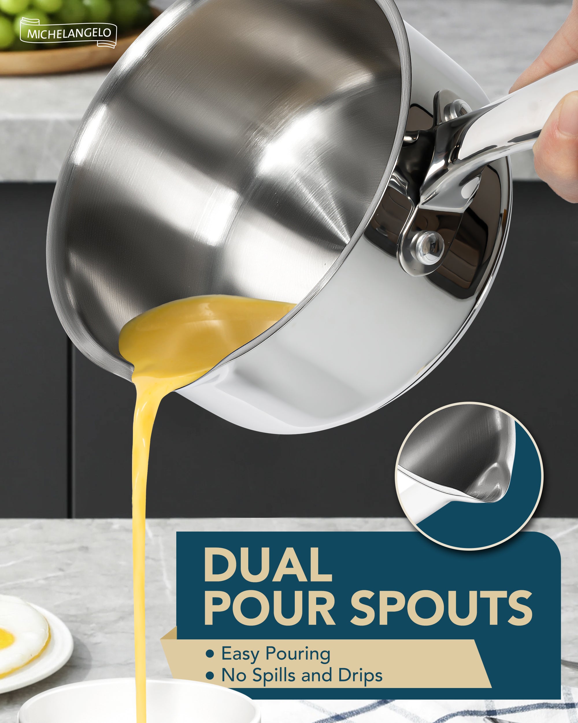 MICHELANGELO Stainless Steel Sauce Pot Set with Steamer 5Pcs, 18/10 Saucepan Set with Pour Spout & Strainer Glass Lids 1QT & 2QT