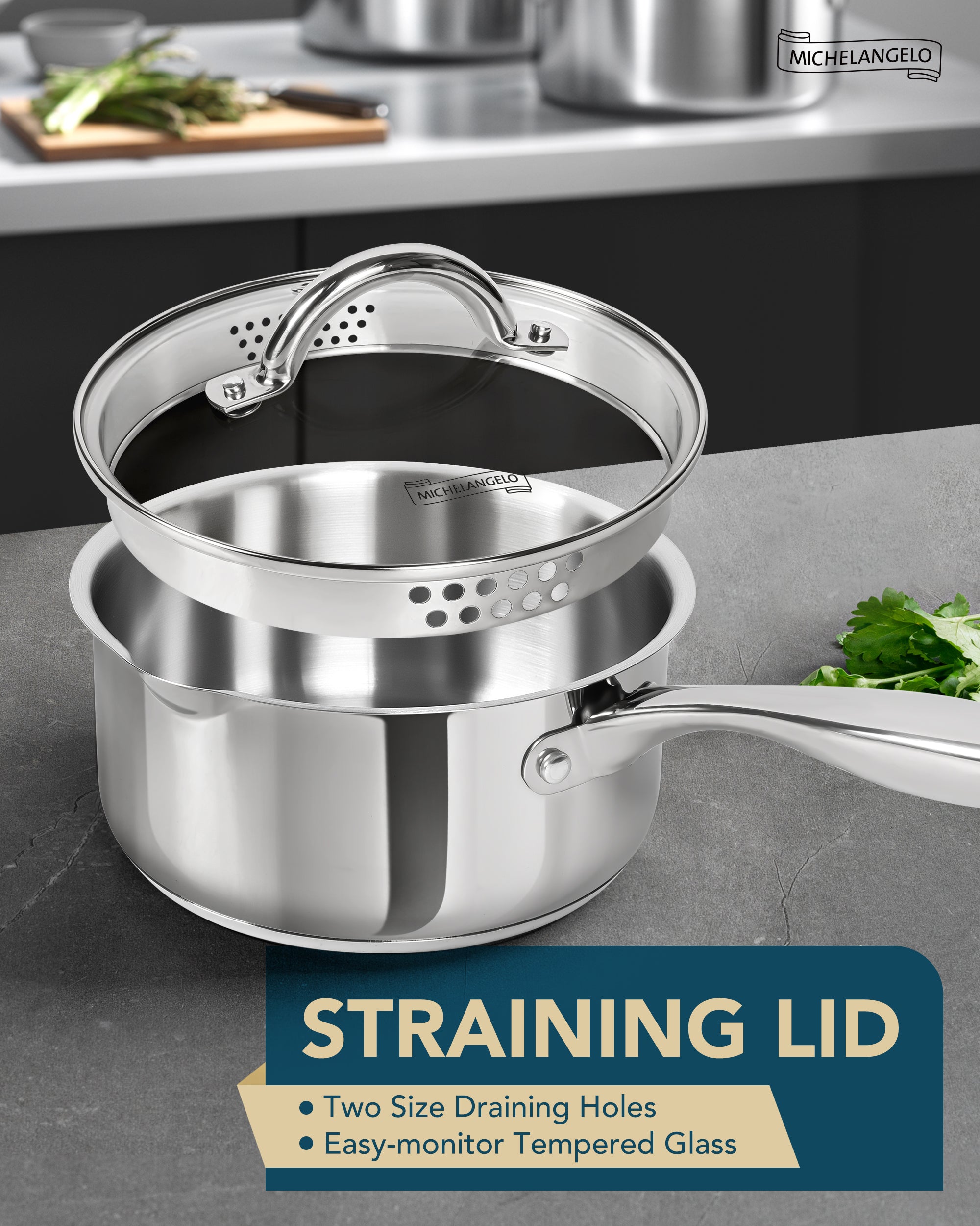 MICHELANGELO Stainless Steel Sauce Pot Set with Steamer 5Pcs, 18/10 Saucepan Set with Pour Spout & Strainer Glass Lids 1QT & 2QT