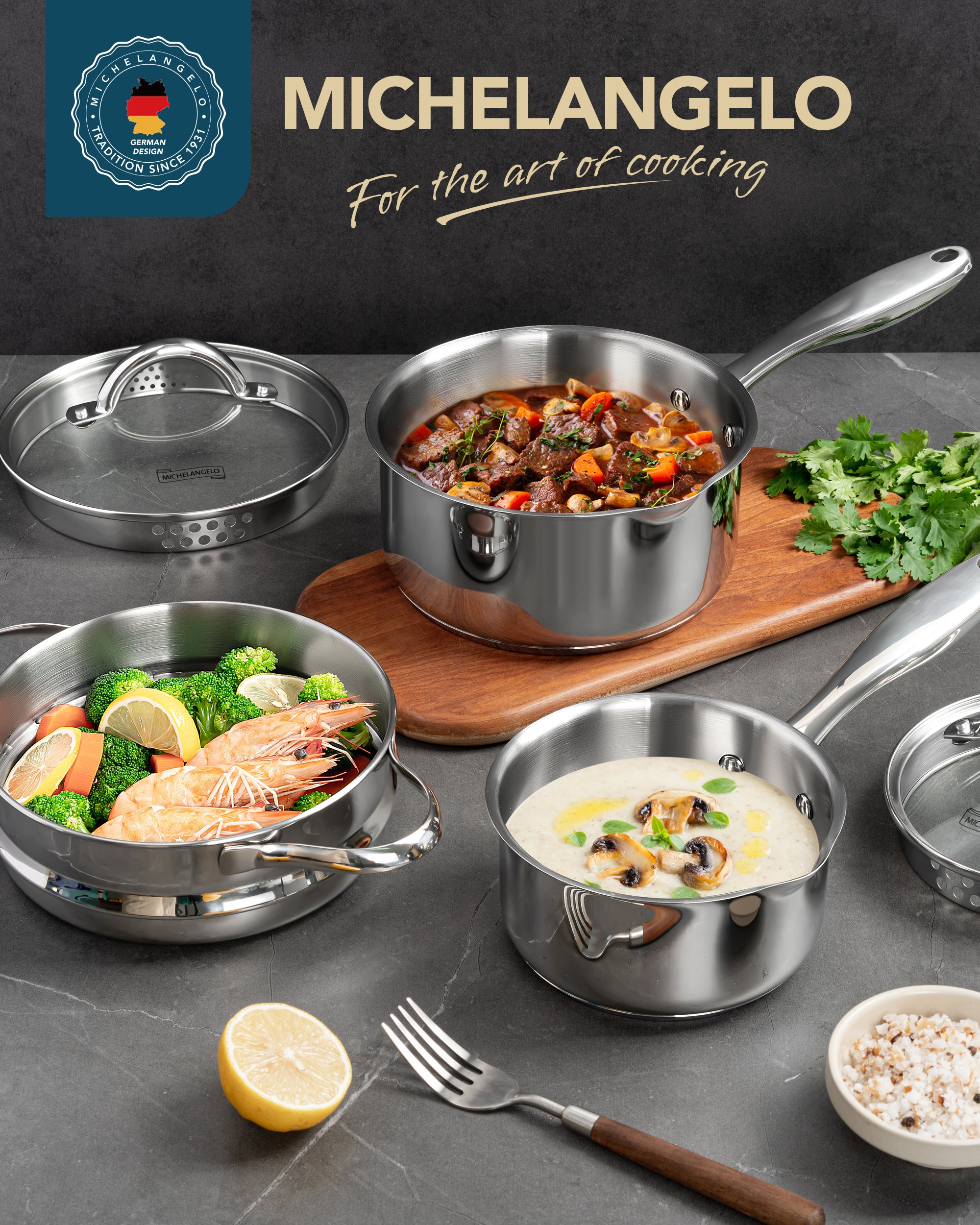 MICHELANGELO Stainless Steel Sauce Pot Set with Steamer 5Pcs, 18/10 Saucepan Set with Pour Spout & Strainer Glass Lids 1QT & 2QT